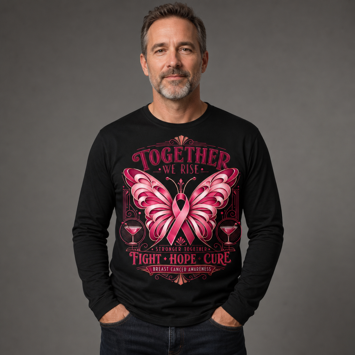 Together We Rise Pink Ribbon Breast Cancer Awareness Long Sleeve Tee