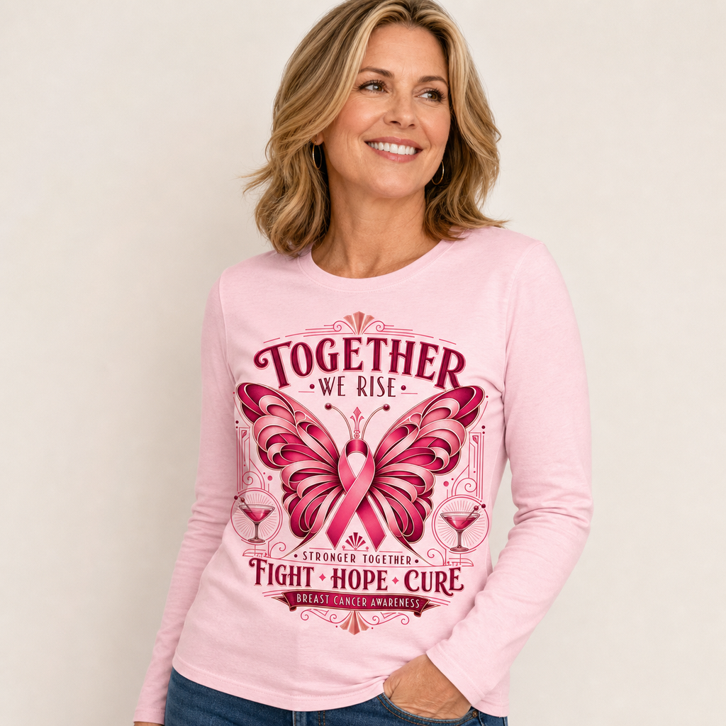 Together We Rise Pink Ribbon Breast Cancer Awareness Long Sleeve Tee