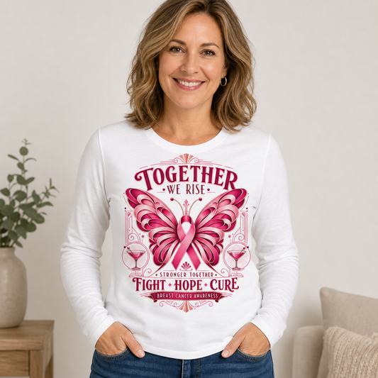Together We Rise Pink Ribbon Breast Cancer Awareness Long Sleeve Tee