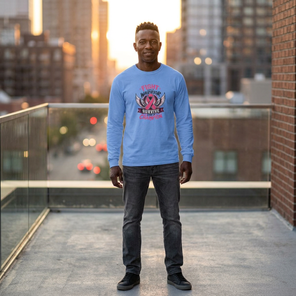 Fight Like a Warrior, Survive Like a Champion Breast Cancer Awareness Long Sleeve Tee