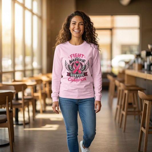 Fight Like a Warrior, Survive Like a Champion Breast Cancer Awareness Long Sleeve Tee
