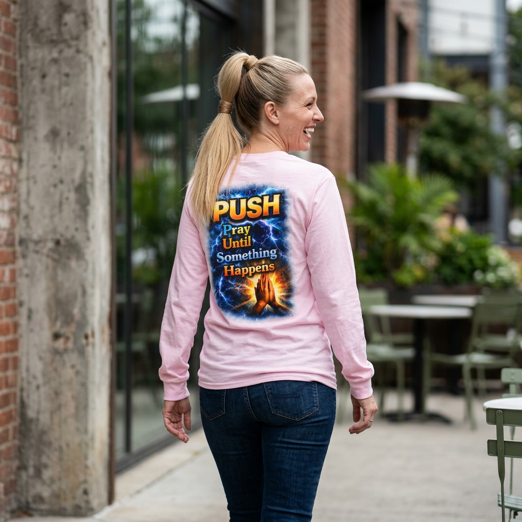 PUSH: Pray Until Something Happens Long Sleeve T-shirt front/back - Hands