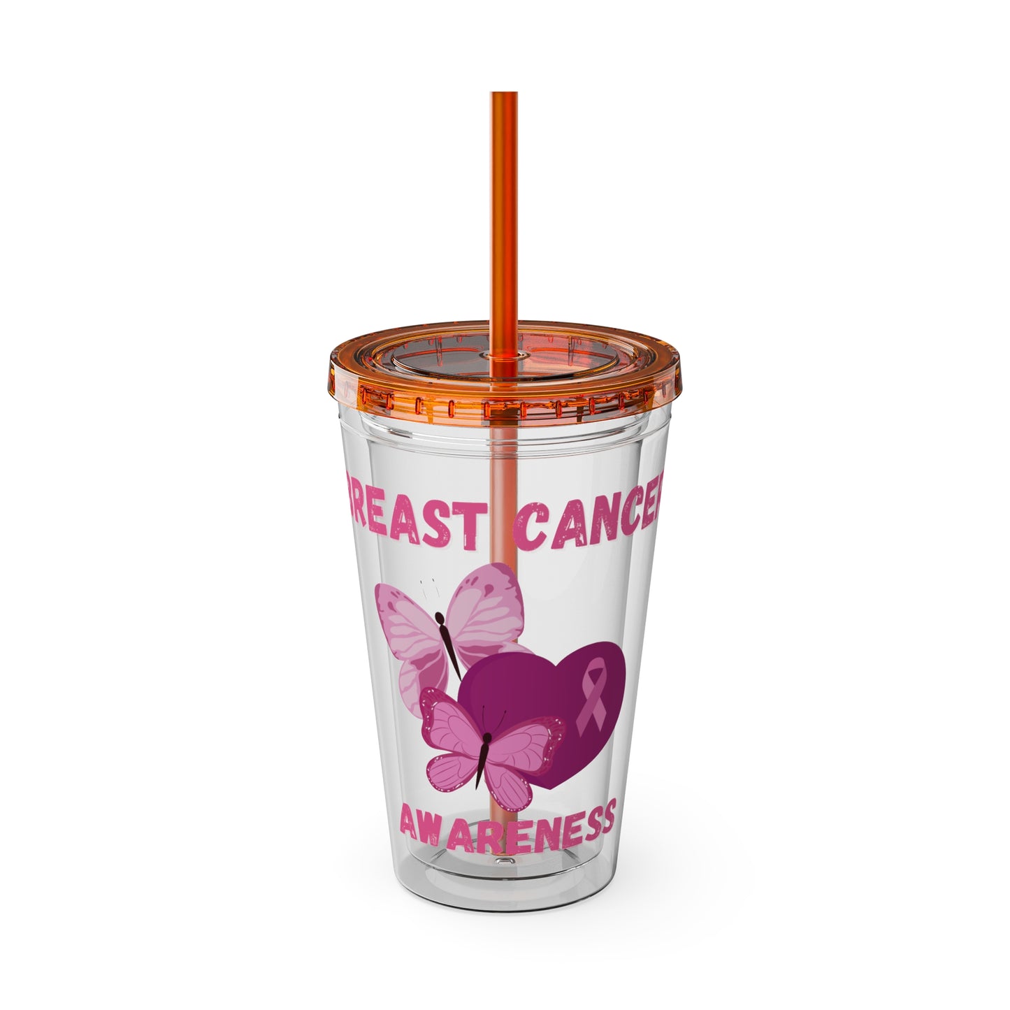 Breast Cancer Awareness 16oz Tumbler with Straw - Butterfly, Heart