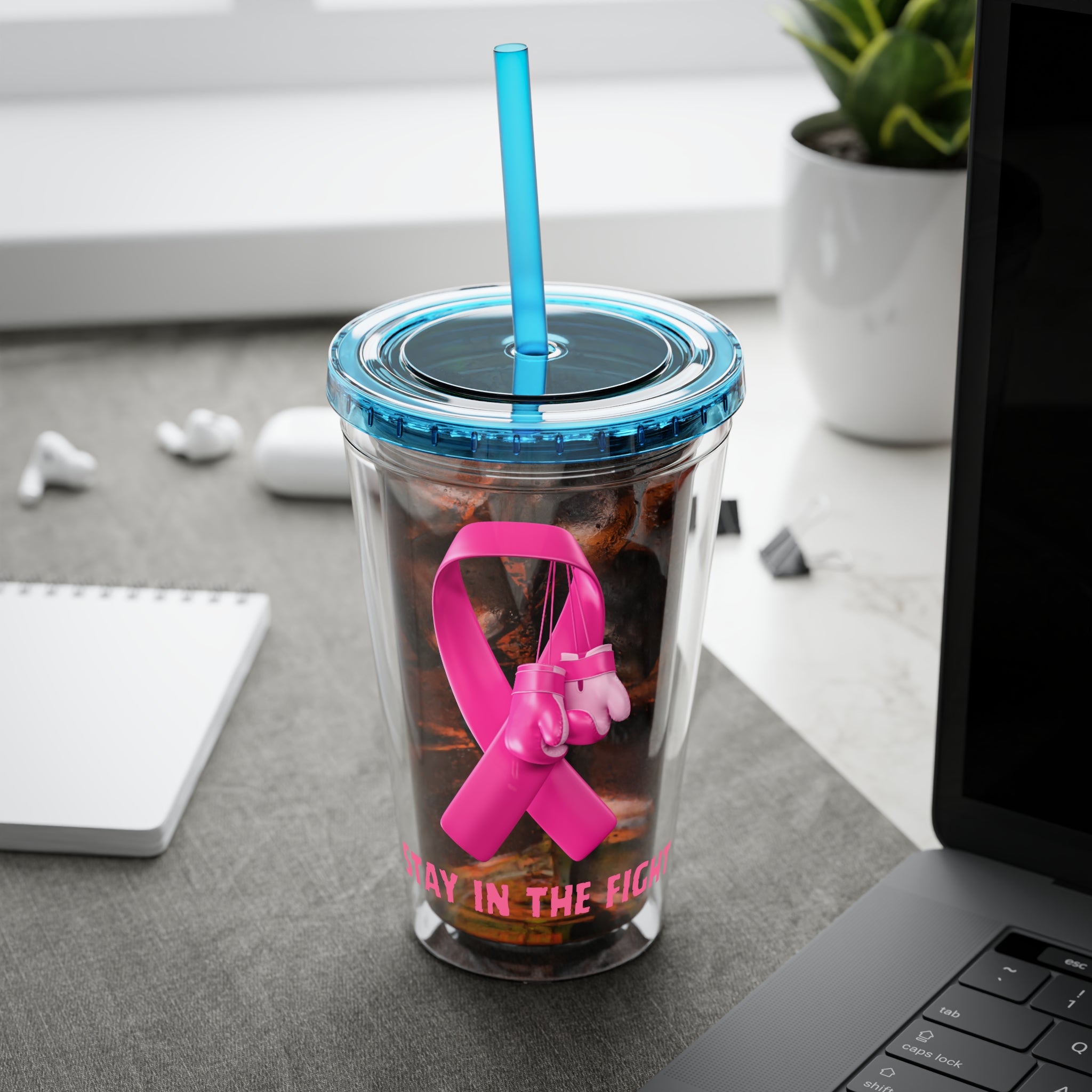 Pink Ribbon “Stay in the Fight” 16oz Tumbler with Straw