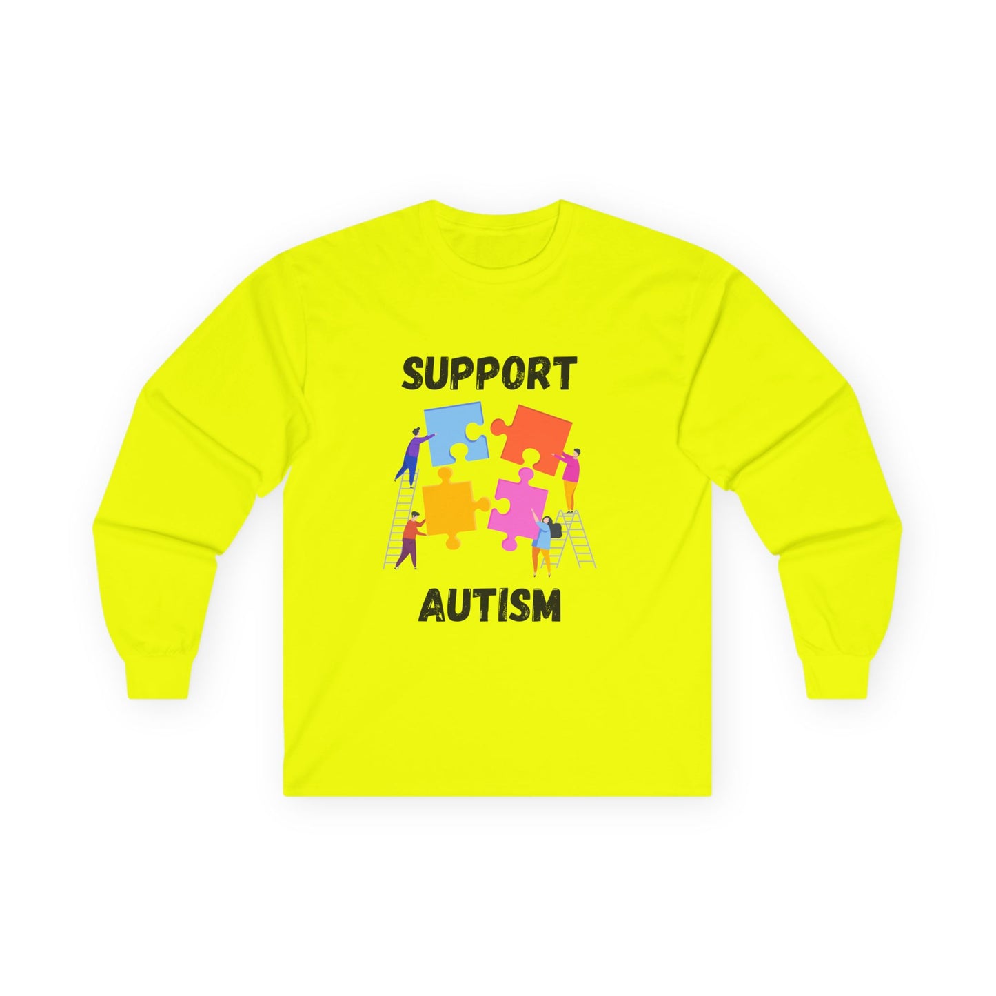 Support Autism Long Sleeve Tee — Puzzle Piece Awareness Shirt - Blk