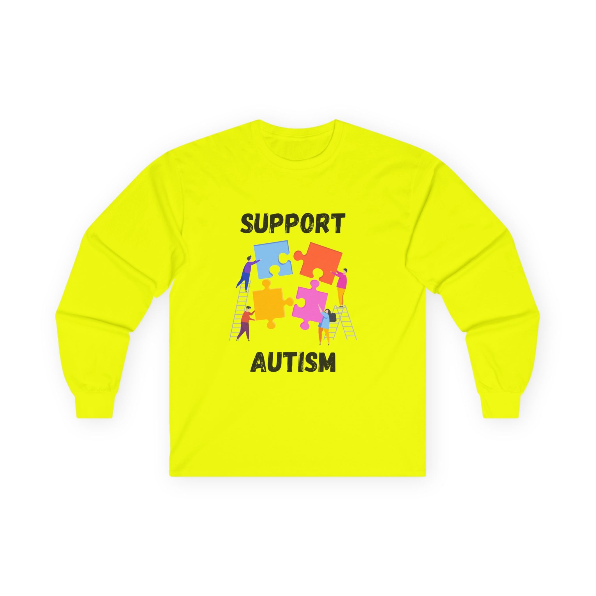 Support Autism Long Sleeve Tee — Puzzle Piece Awareness Shirt - Blk