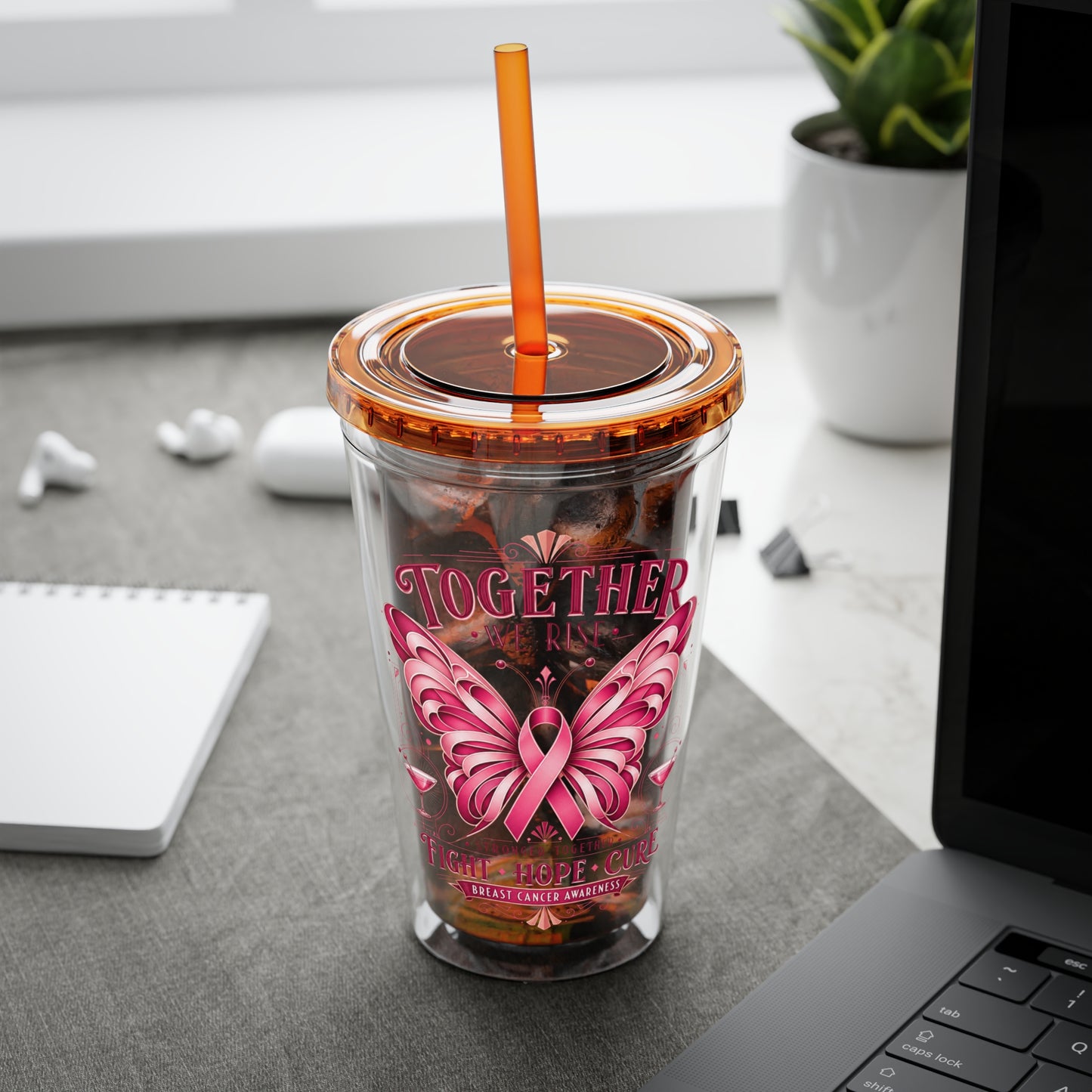 Together We Rise Butterfly Breast Cancer 16oz Tumbler with Straw