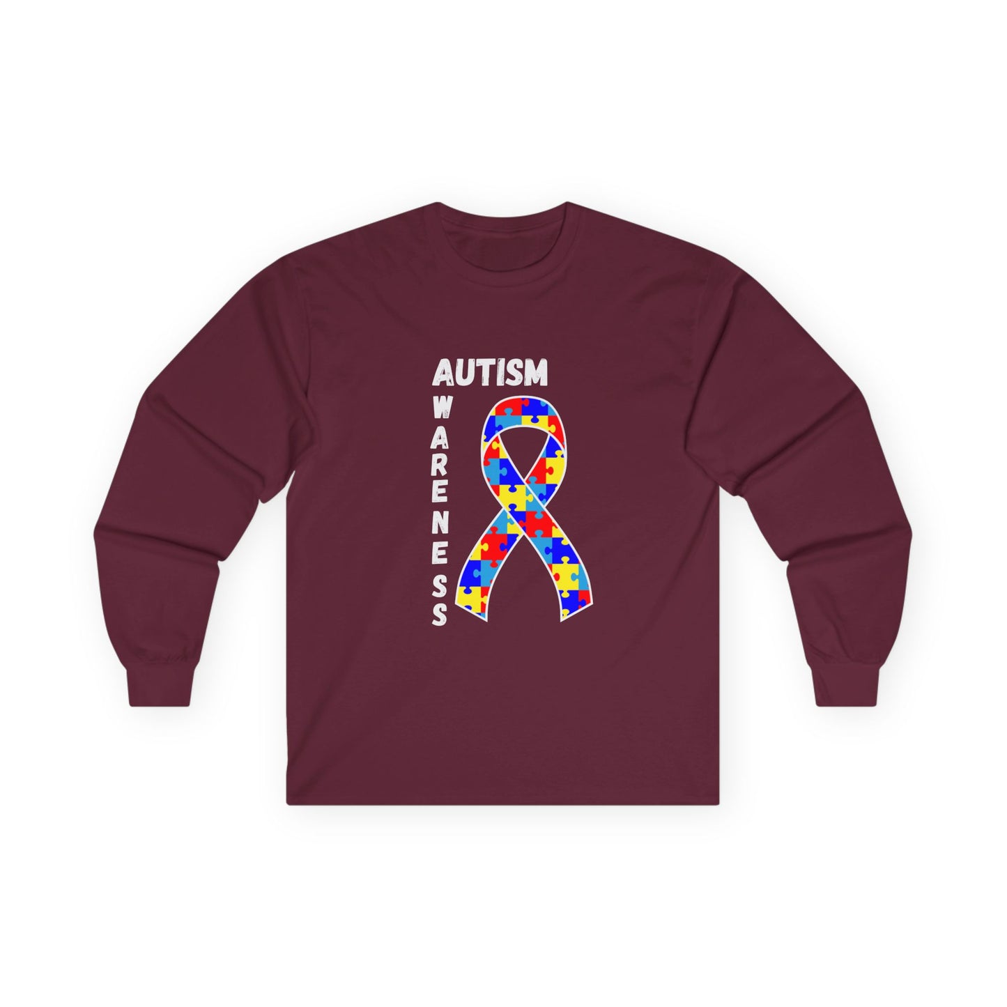 Autism Puzzle Ribbon Long Sleeve Tee — White