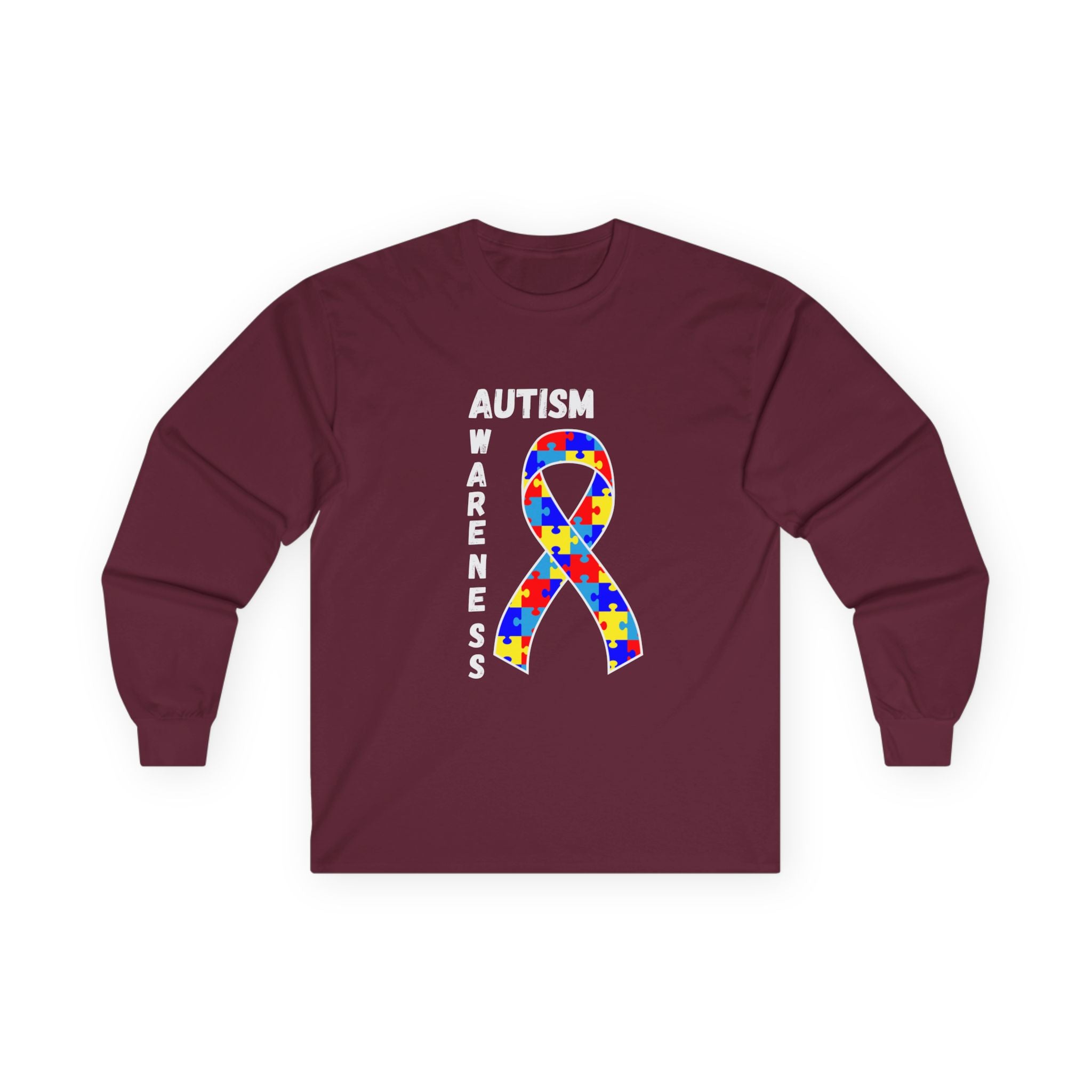 Autism Puzzle Ribbon Long Sleeve Tee — White