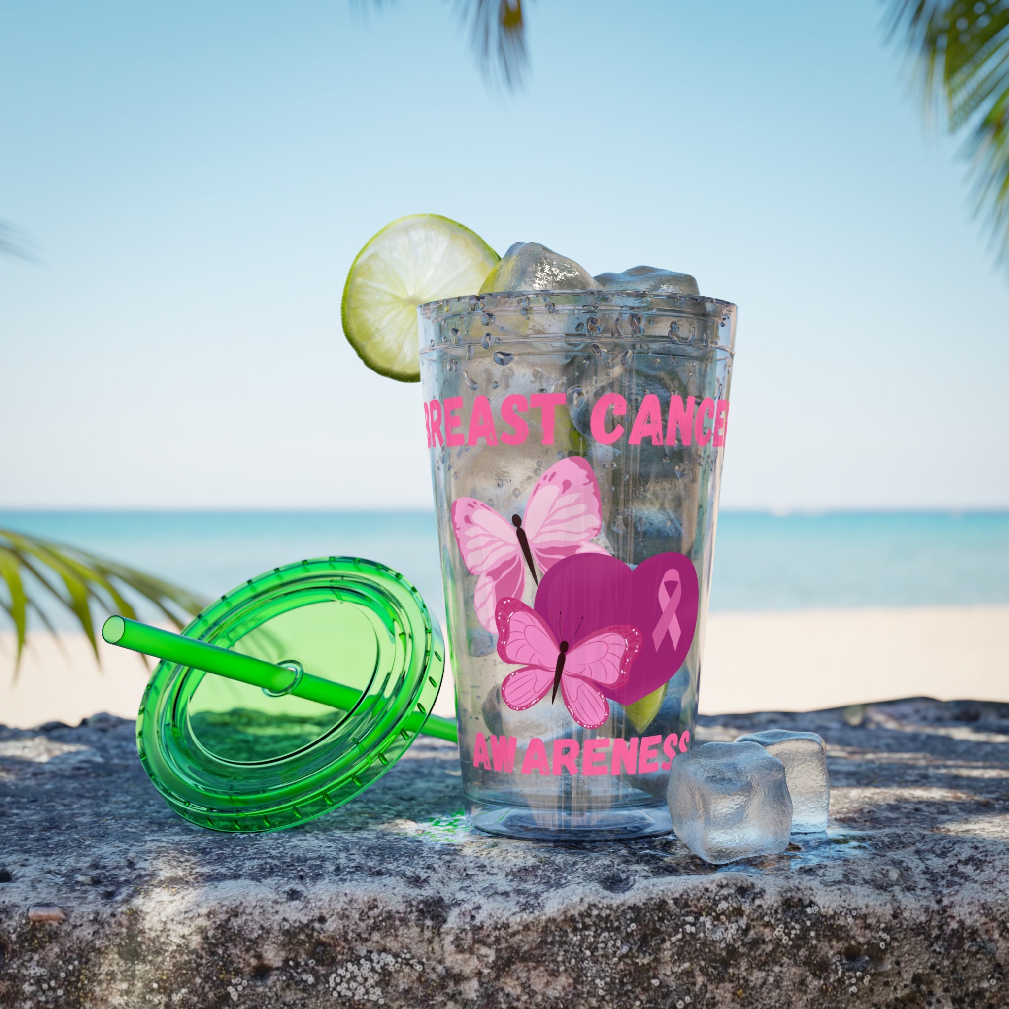 Breast Cancer Awareness 16oz Tumbler with Straw - Butterfly, Heart