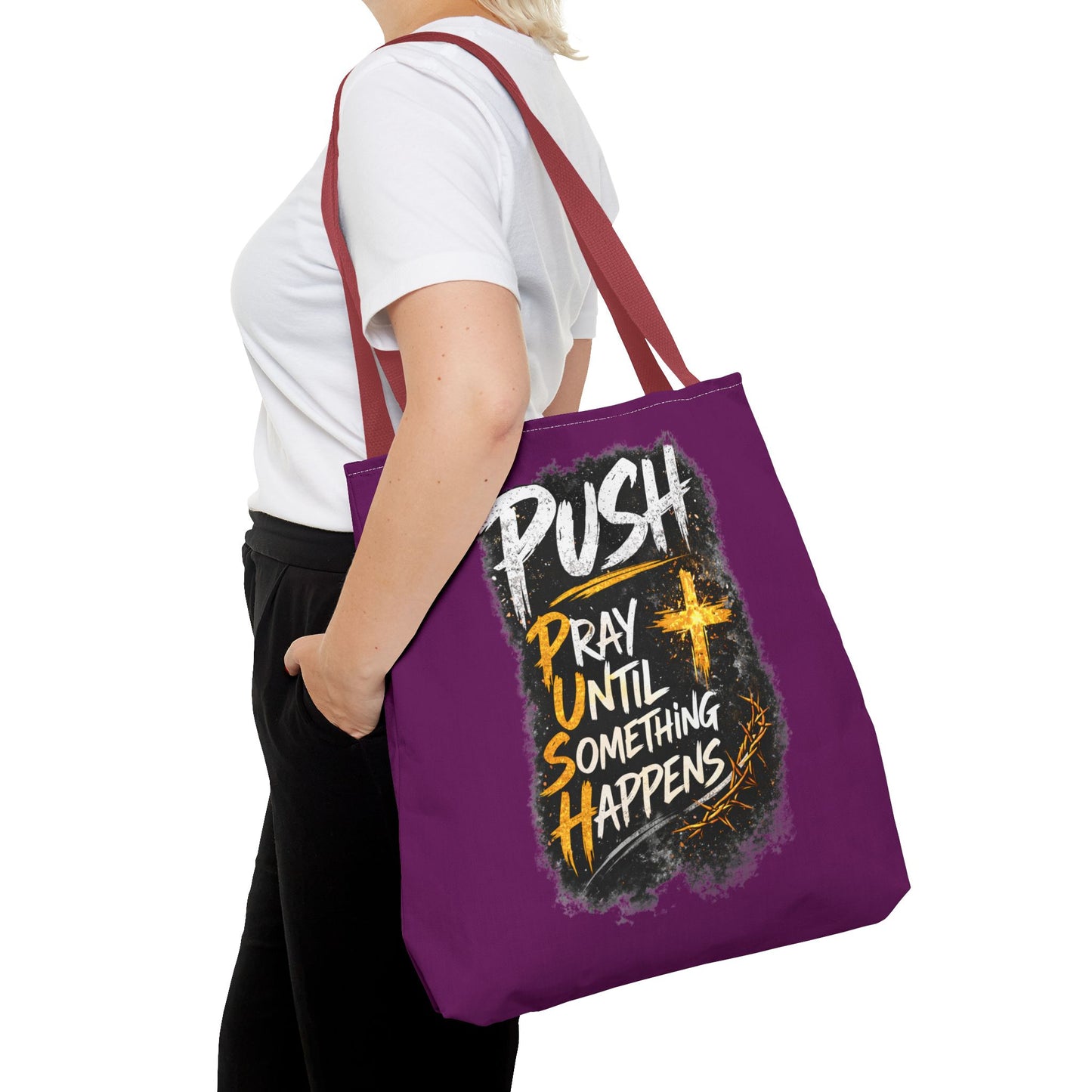 Push Pray Until Something Happens Purple Tote Bag