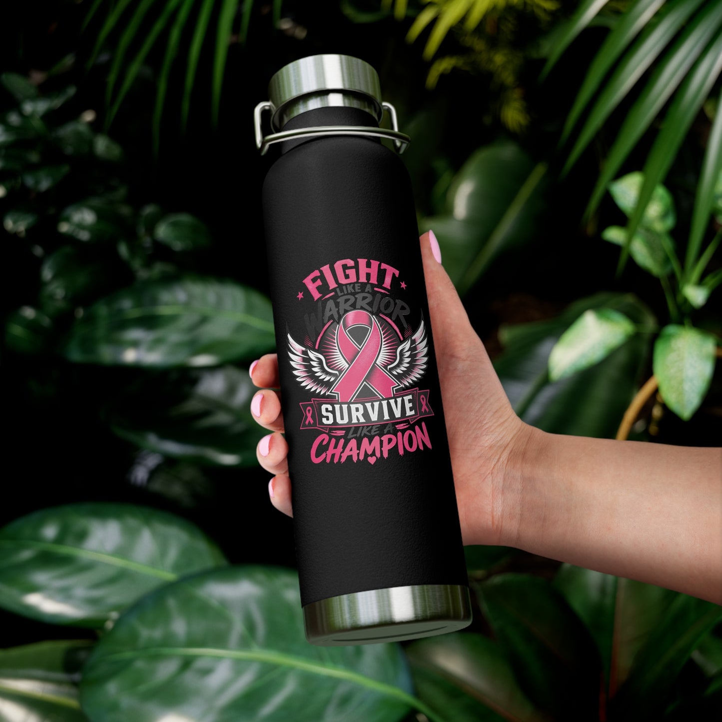 Fight Warrior Survive Champion Pink Ribbon 22oz Insulated Water Bottle