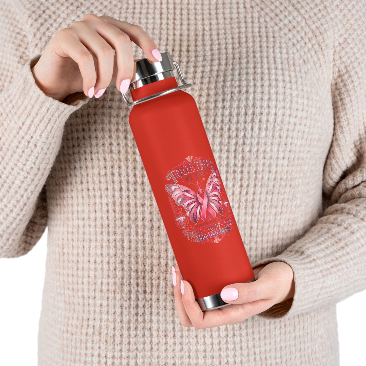 Together We Fight Pink Ribbon Butterfly Cancer 22oz Insulated Water Bottle