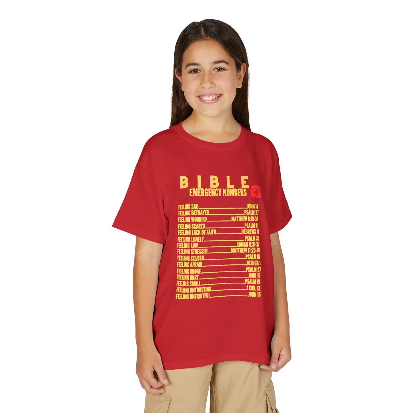 Bible Emergency Numbers Youth T-Shirt — Yellow
