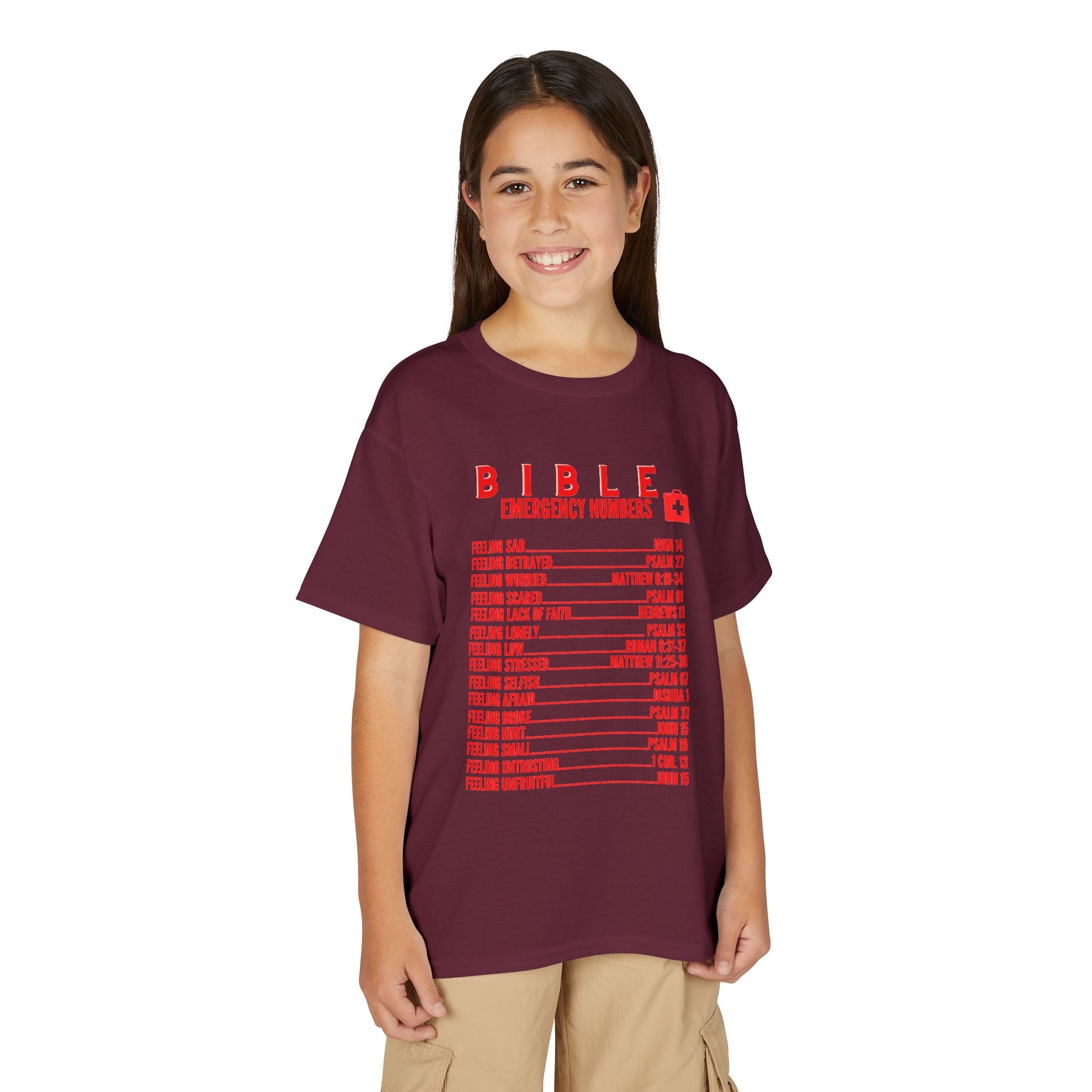 Bible Emergency Numbers Youth T-Shirt — Red