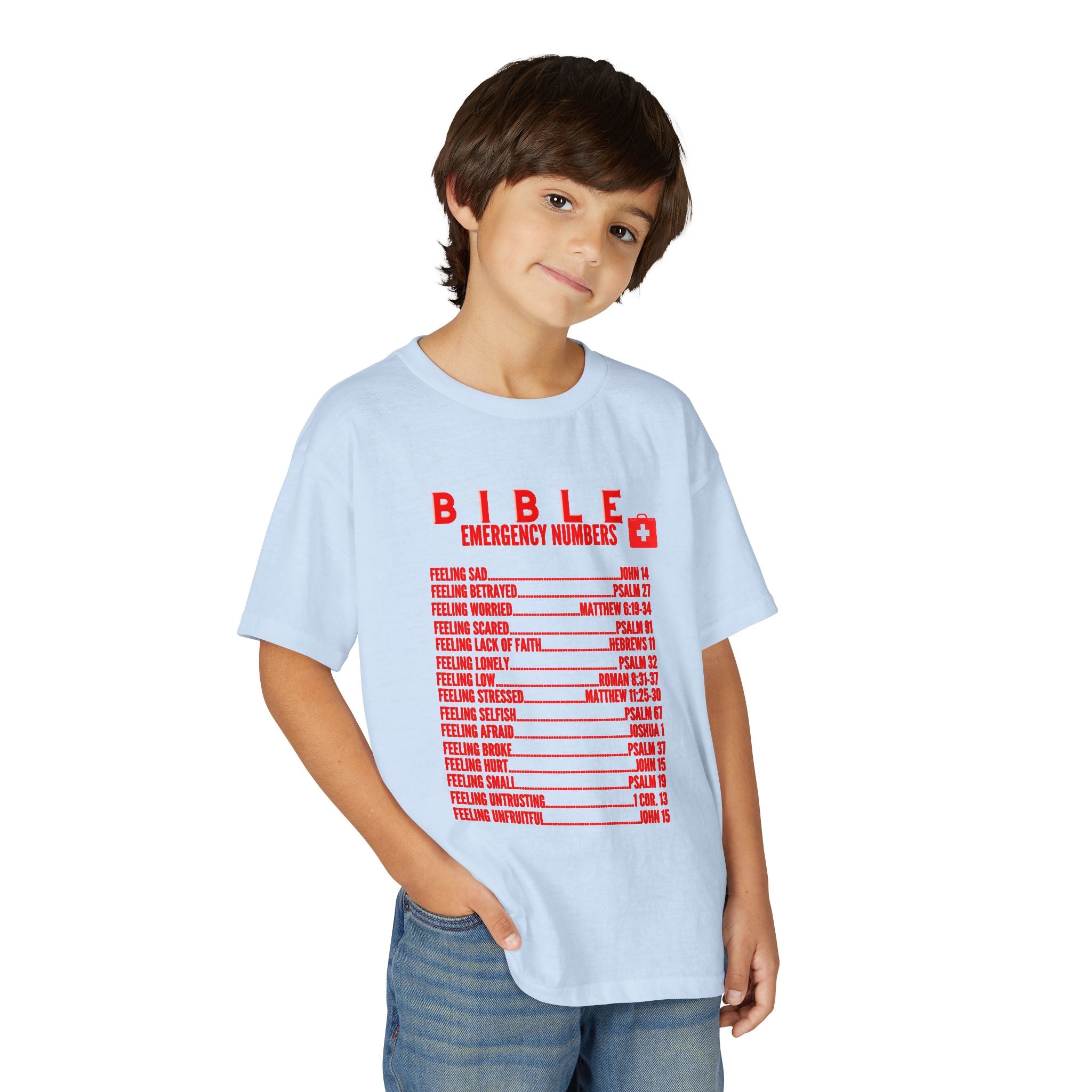 Bible Emergency Numbers Youth T-Shirt — Red