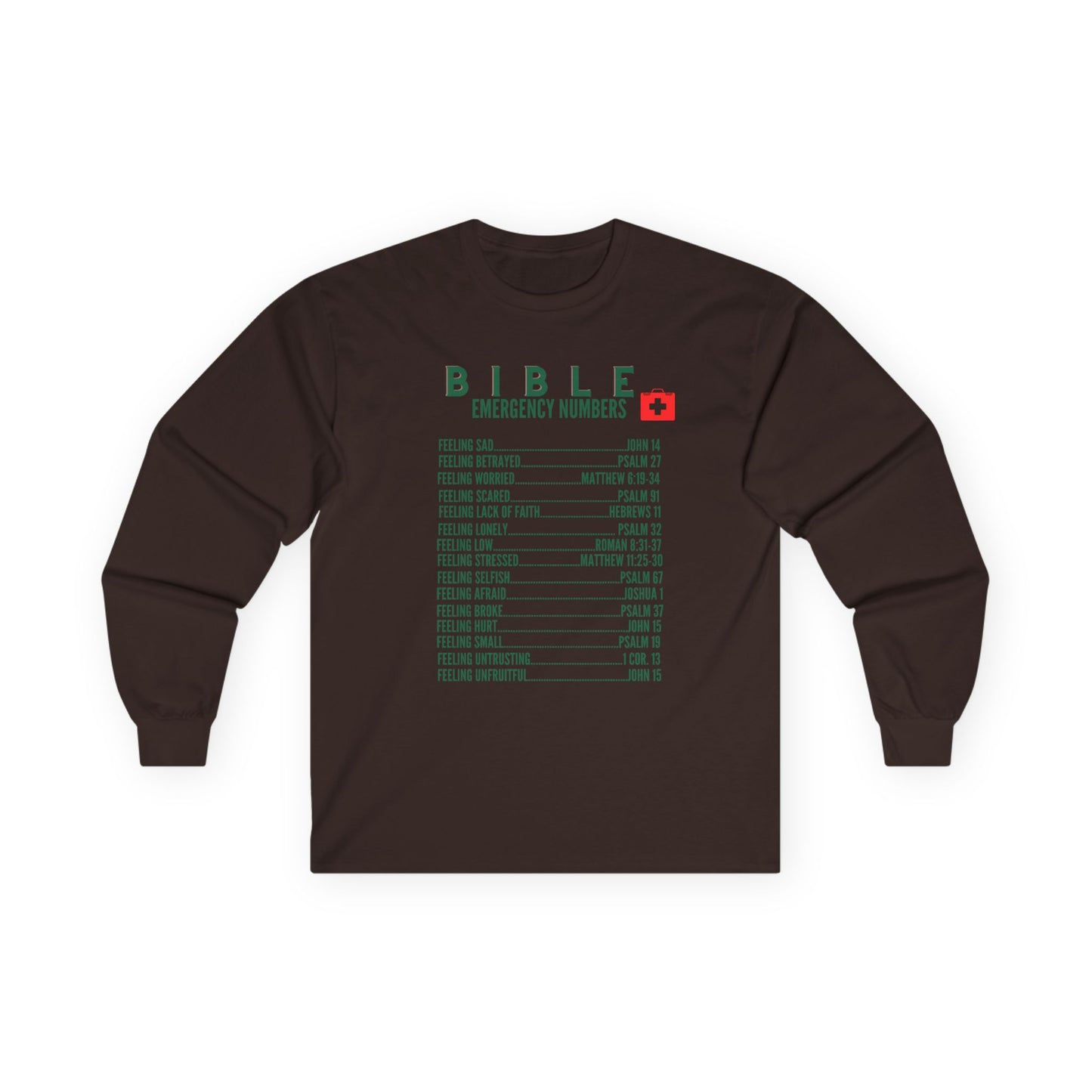 Bible Emergency Numbers Long Sleeve Tee - Green