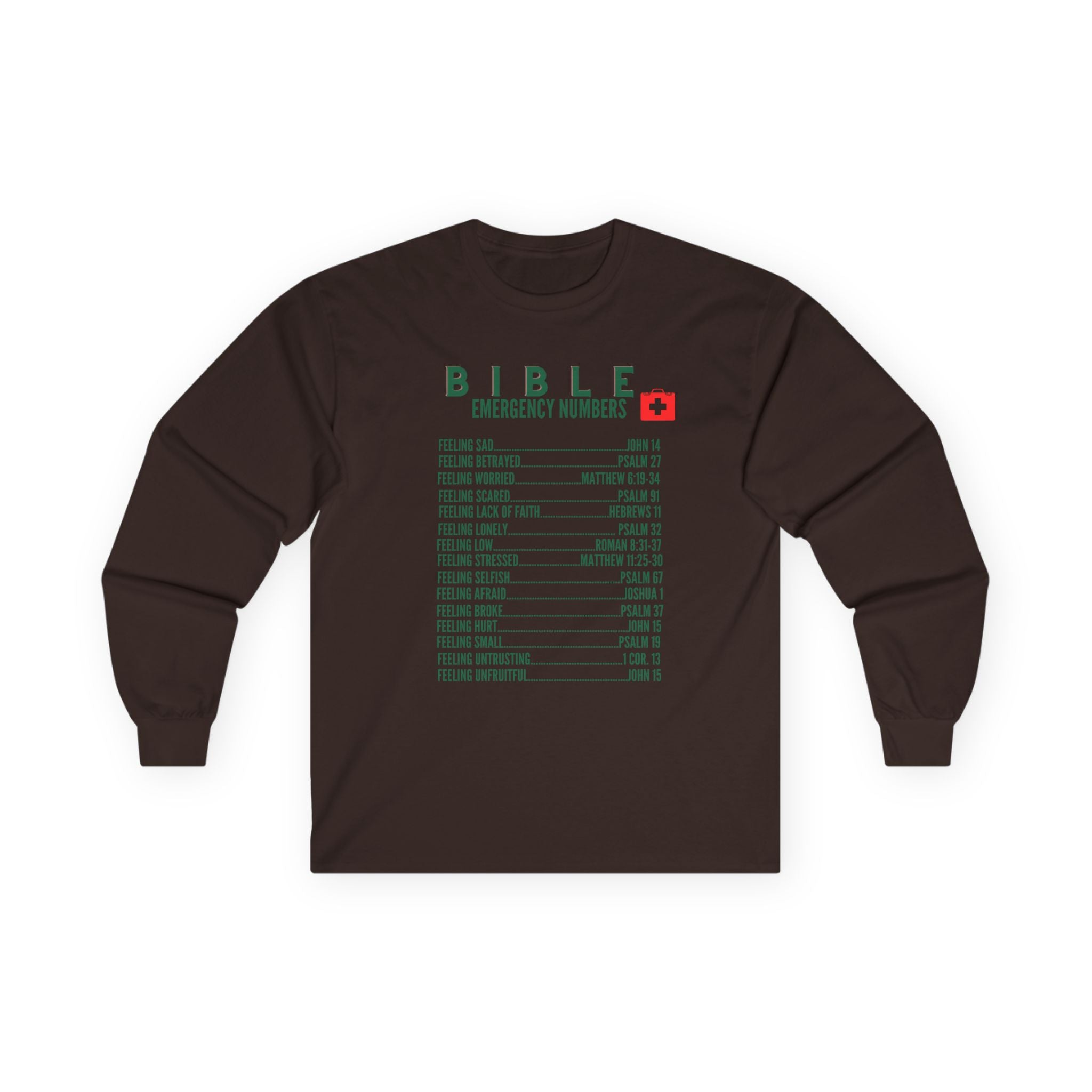 Bible Emergency Numbers Long Sleeve Tee - Green