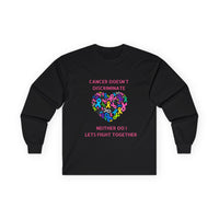 Cancer Awareness Long Sleeve Tee — "Cancer Doesn't Discriminate" Heart Ribbon