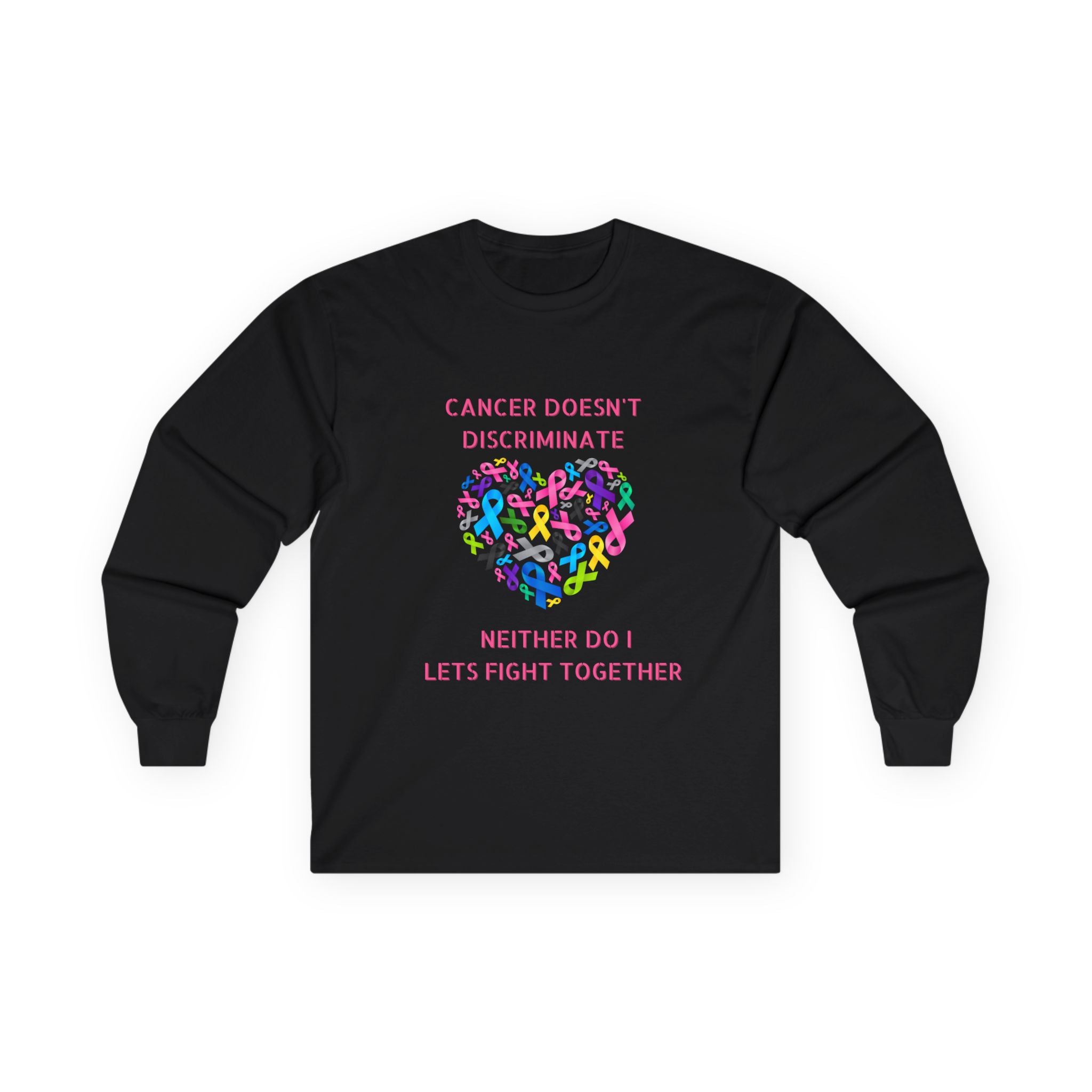 Cancer Awareness Long Sleeve Tee — "Cancer Doesn't Discriminate" Heart Ribbon
