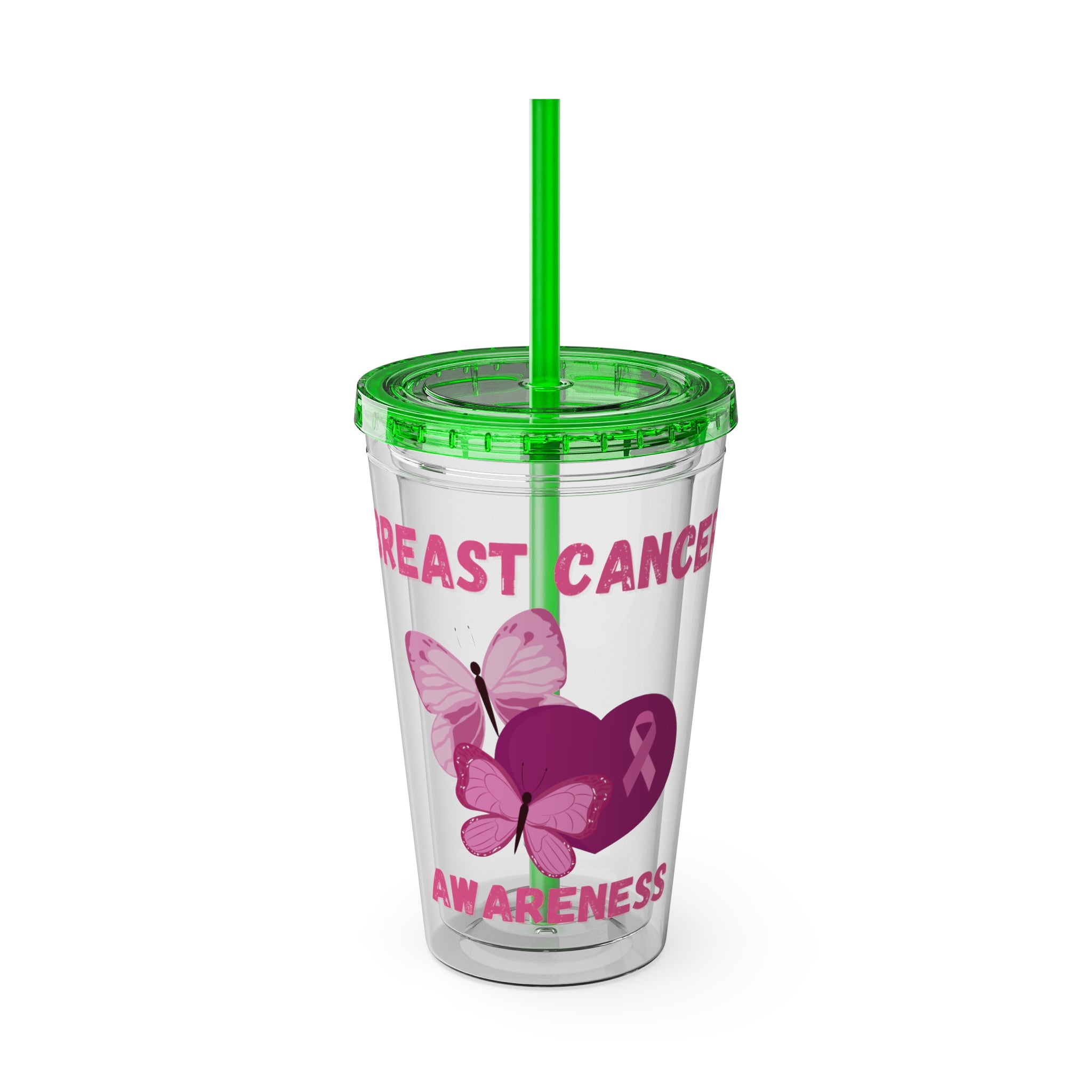 Breast Cancer Awareness 16oz Tumbler with Straw - Butterfly, Heart