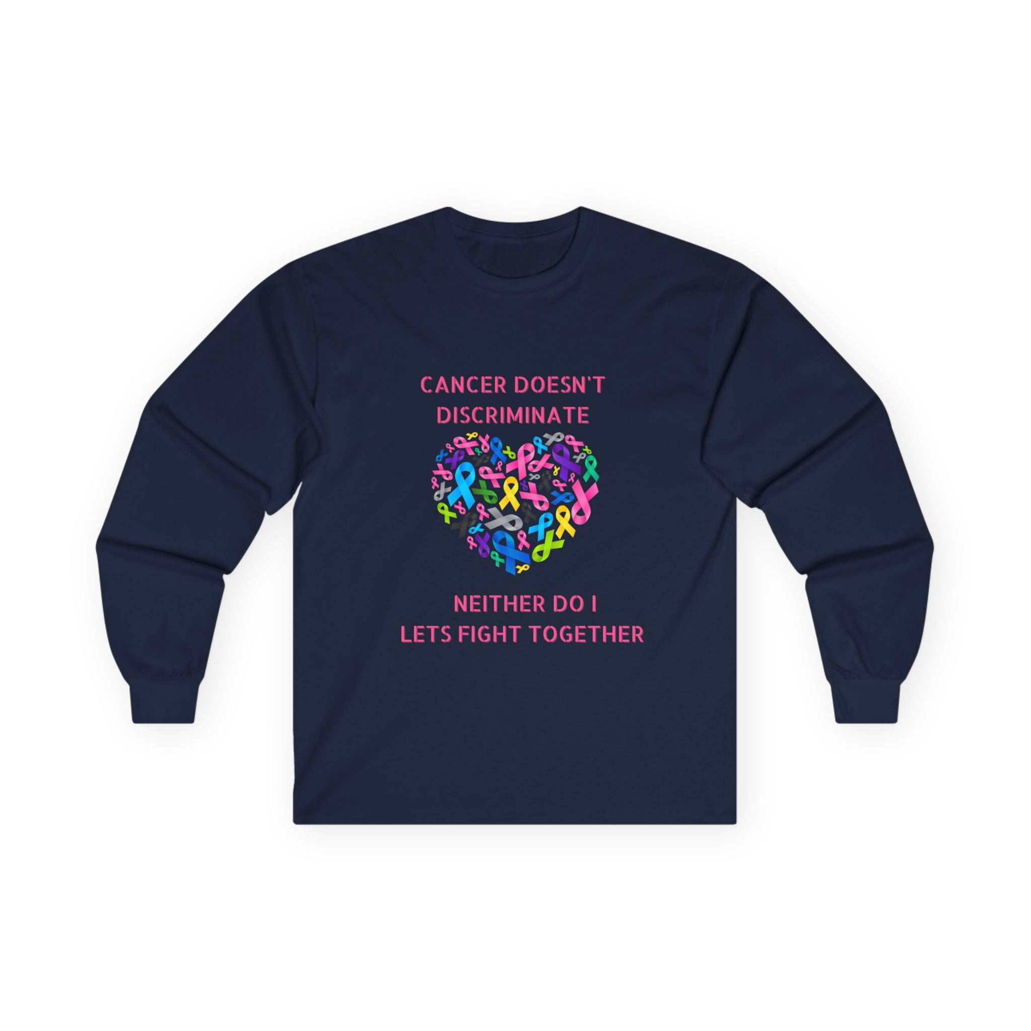 Cancer Awareness Long Sleeve Tee — "Cancer Doesn't Discriminate" Heart Ribbon