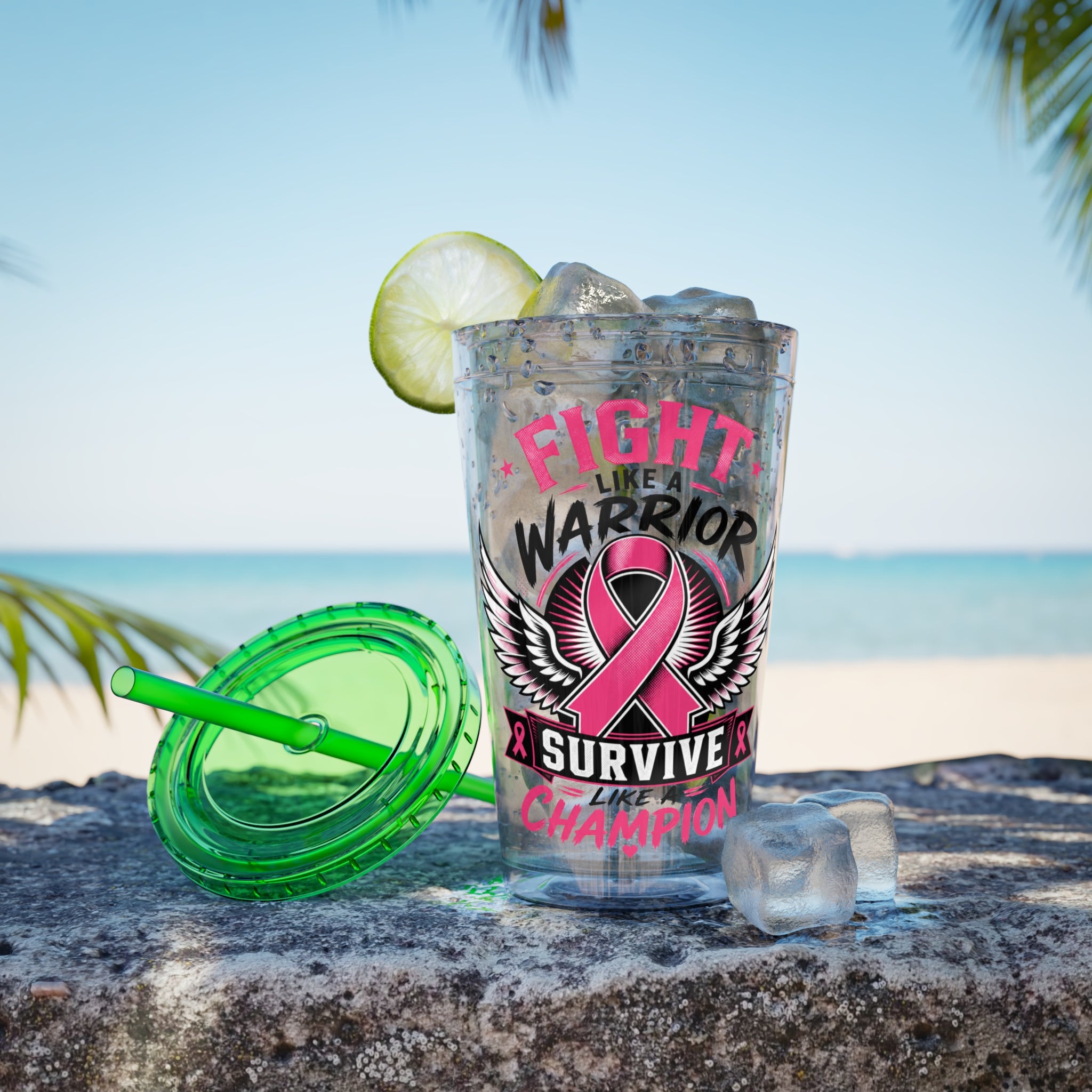 Fight Like a Warrior, Survive Like a Champion Breast Cancer Awareness 16oz Tumbler with Straw