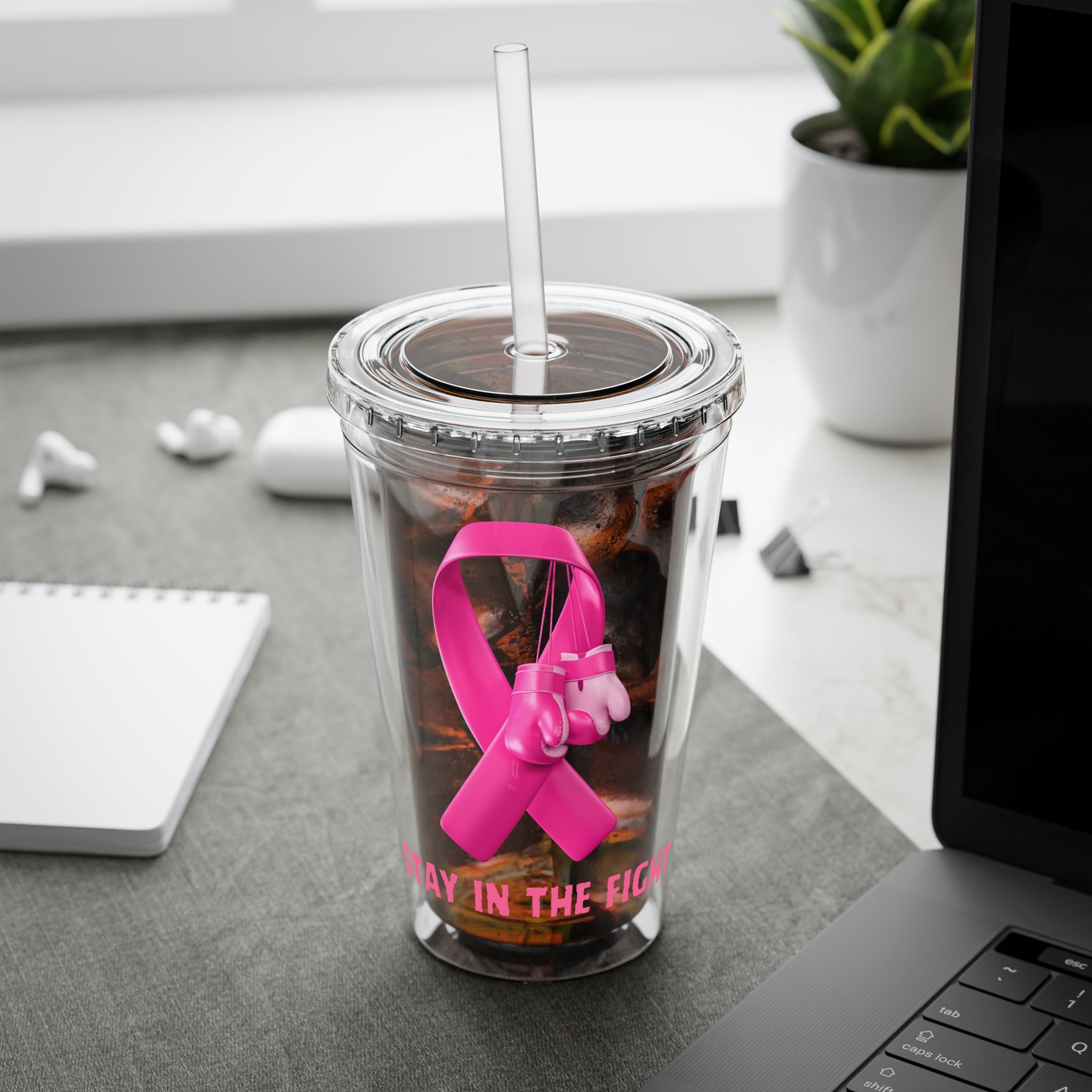 Pink Ribbon “Stay in the Fight” 16oz Tumbler with Straw