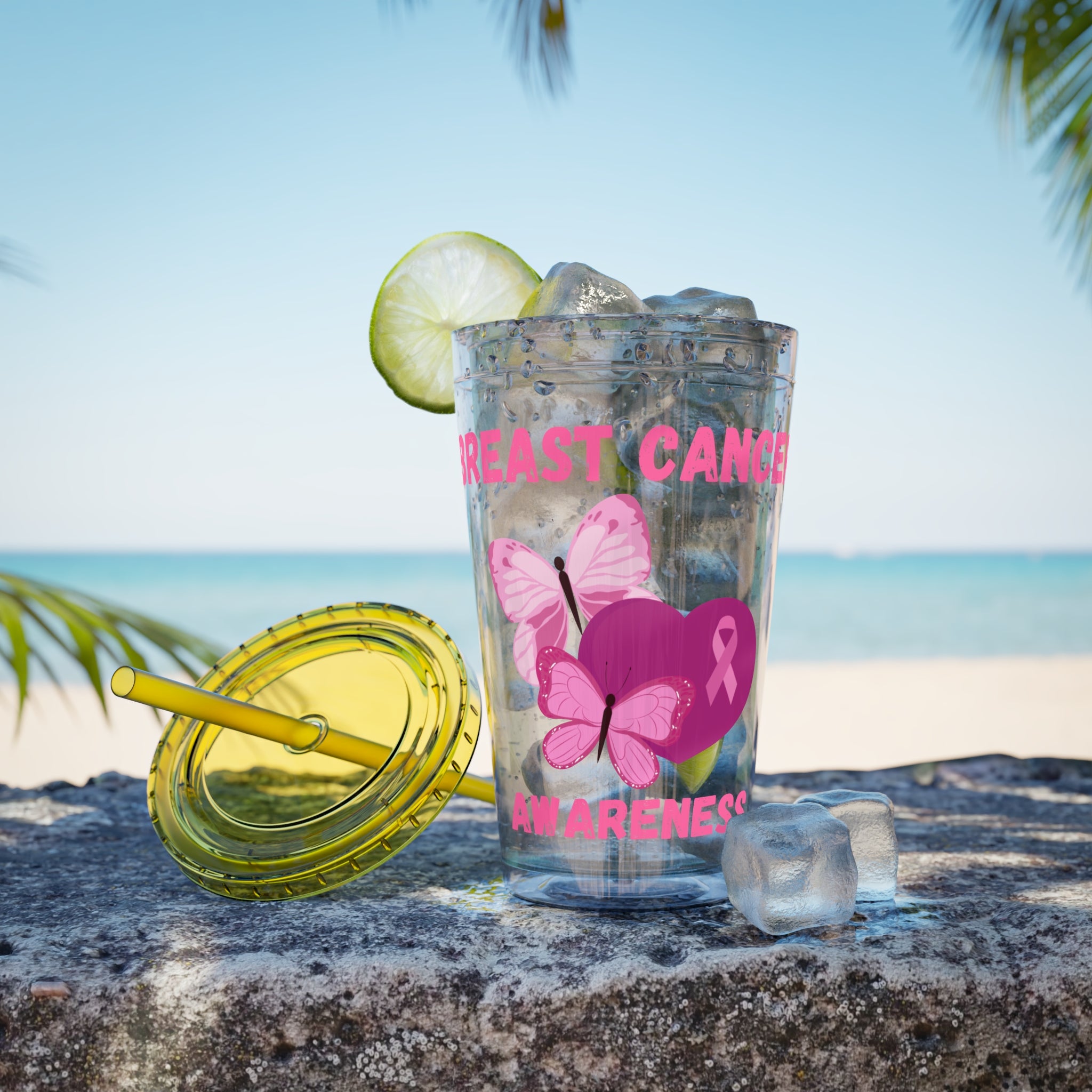 Breast Cancer Awareness 16oz Tumbler with Straw - Butterfly, Heart