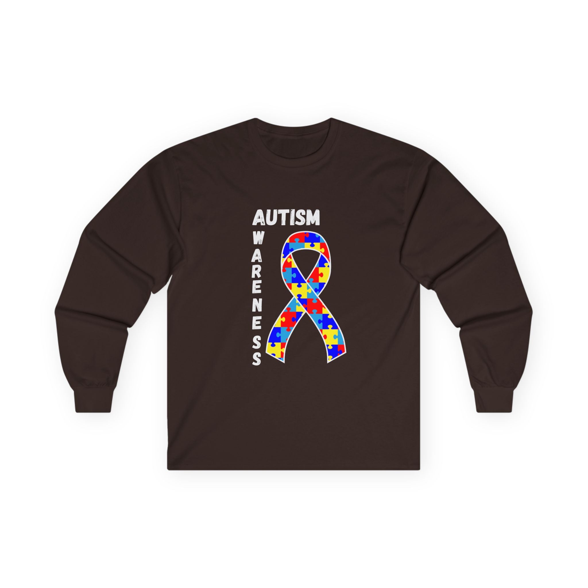 Autism Puzzle Ribbon Long Sleeve Tee — White