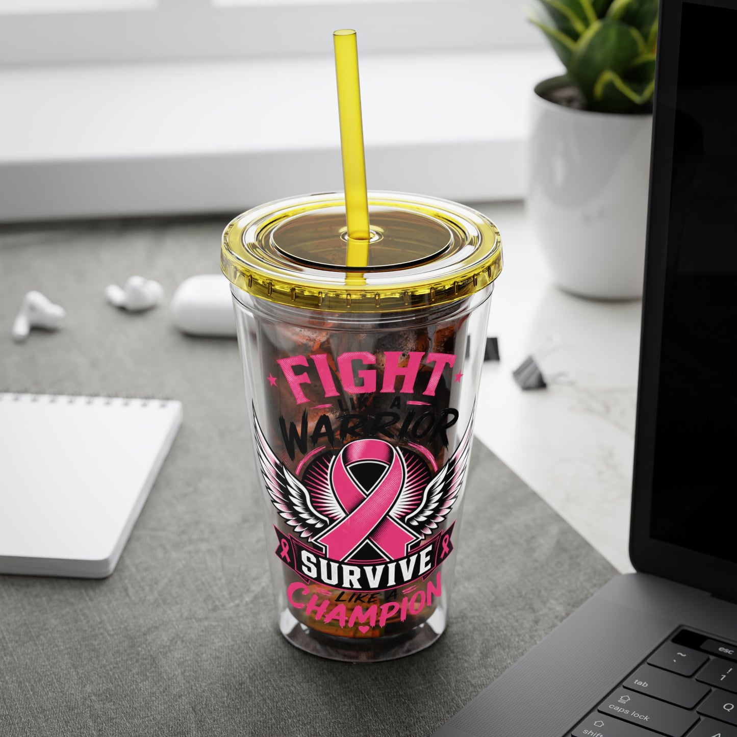 Fight Like a Warrior, Survive Like a Champion Breast Cancer Awareness 16oz Tumbler with Straw