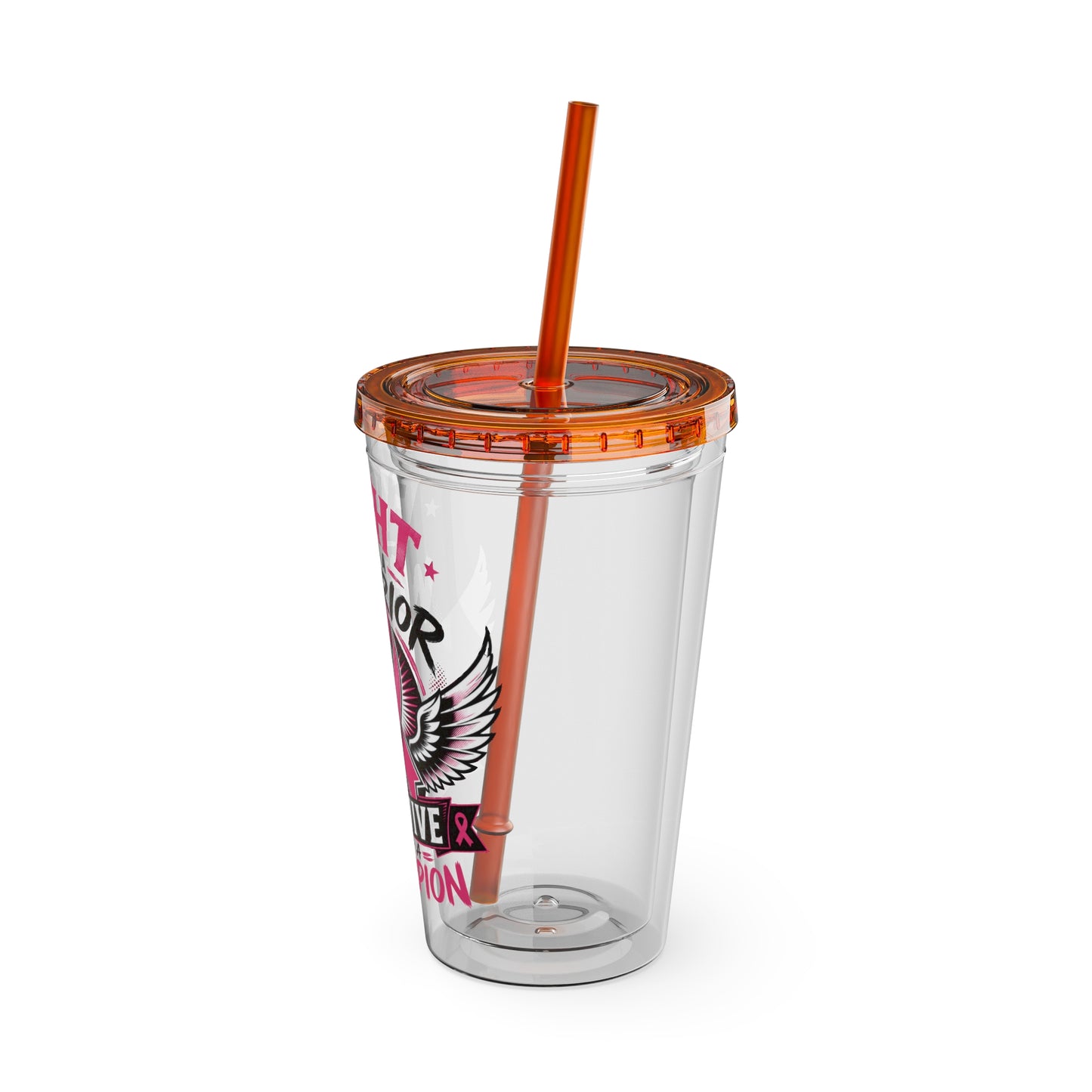 Fight Like a Warrior, Survive Like a Champion Breast Cancer Awareness 16oz Tumbler with Straw