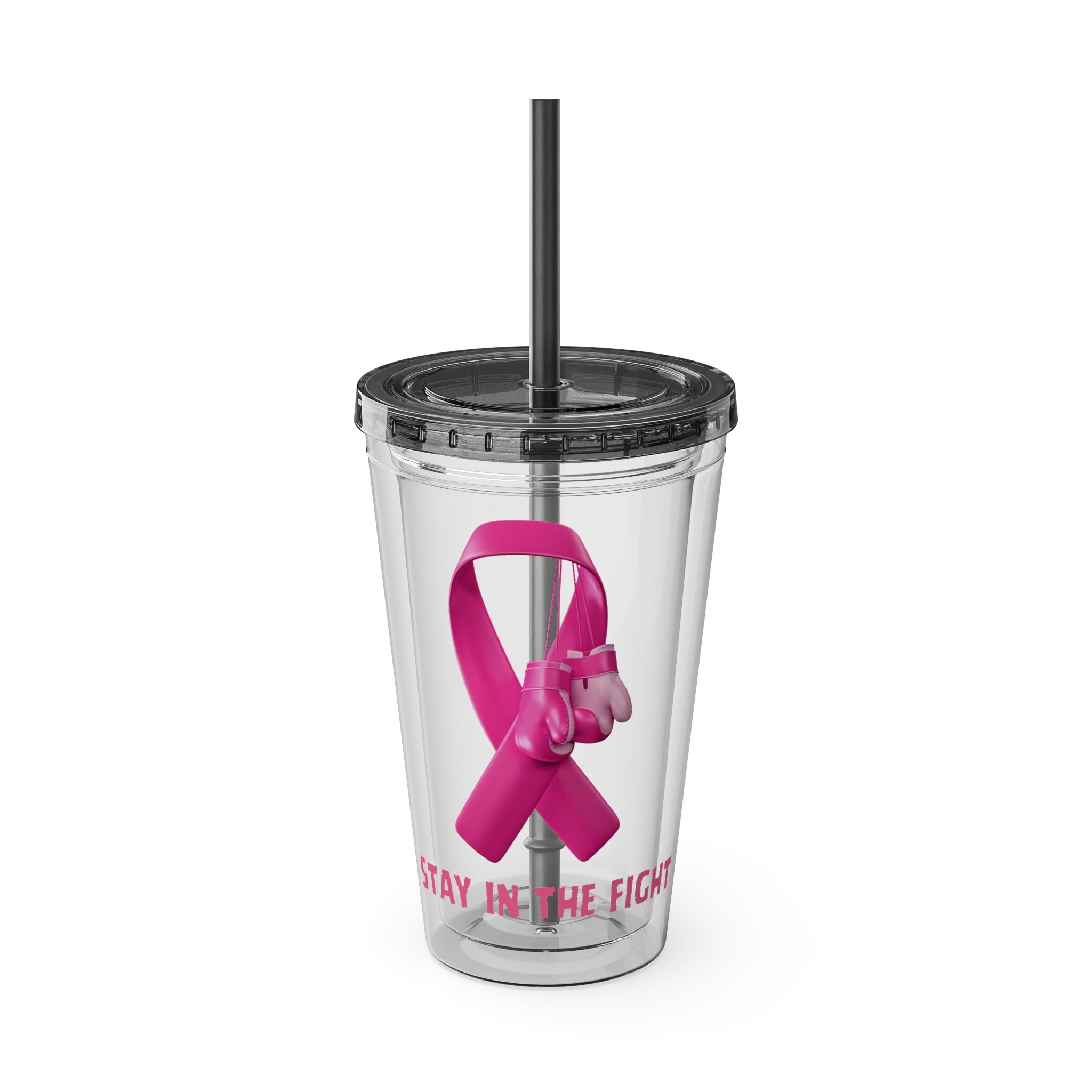 Pink Ribbon “Stay in the Fight” 16oz Tumbler with Straw