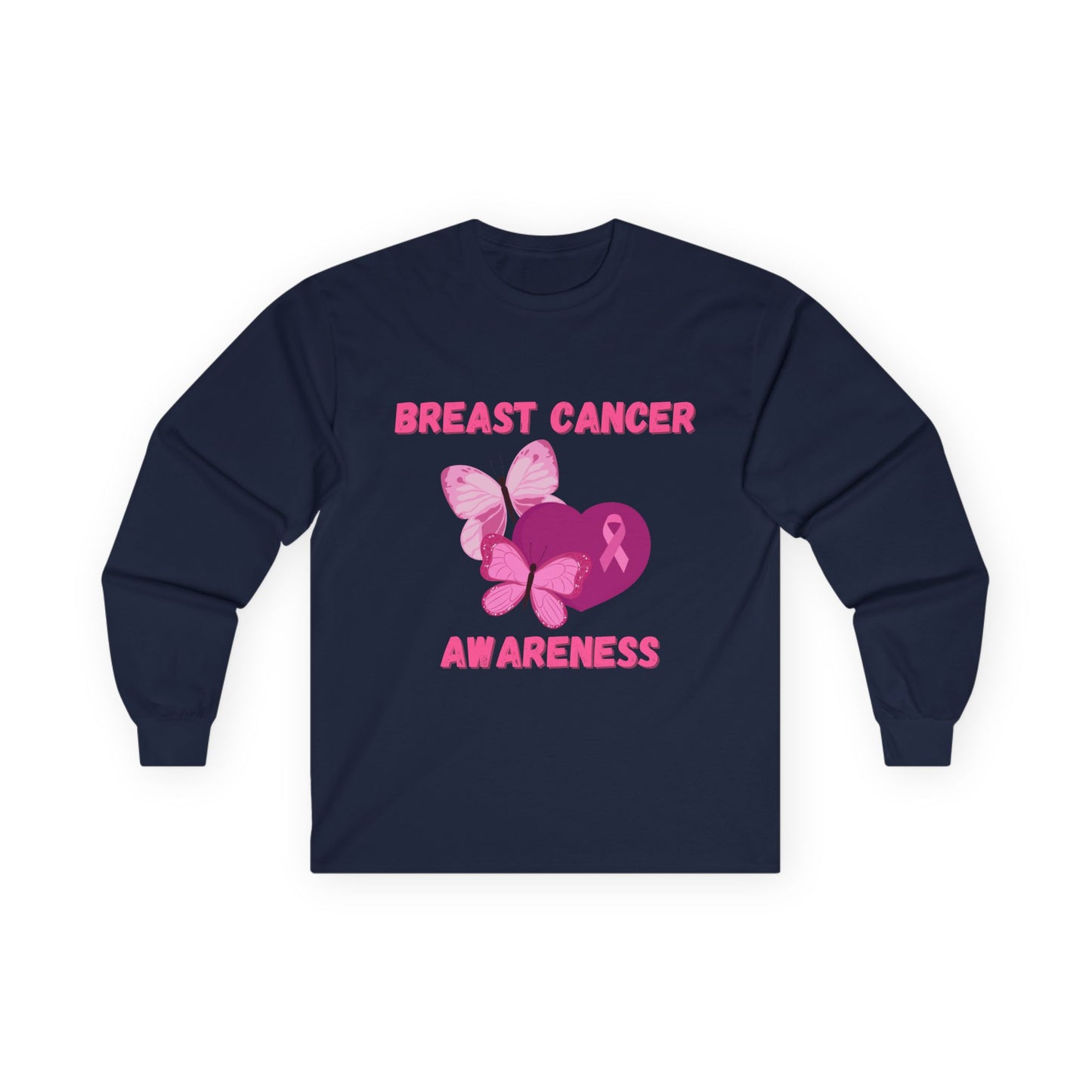 Breast Cancer Awareness Long Sleeve Tee — Pink Ribbon Butterfly Design