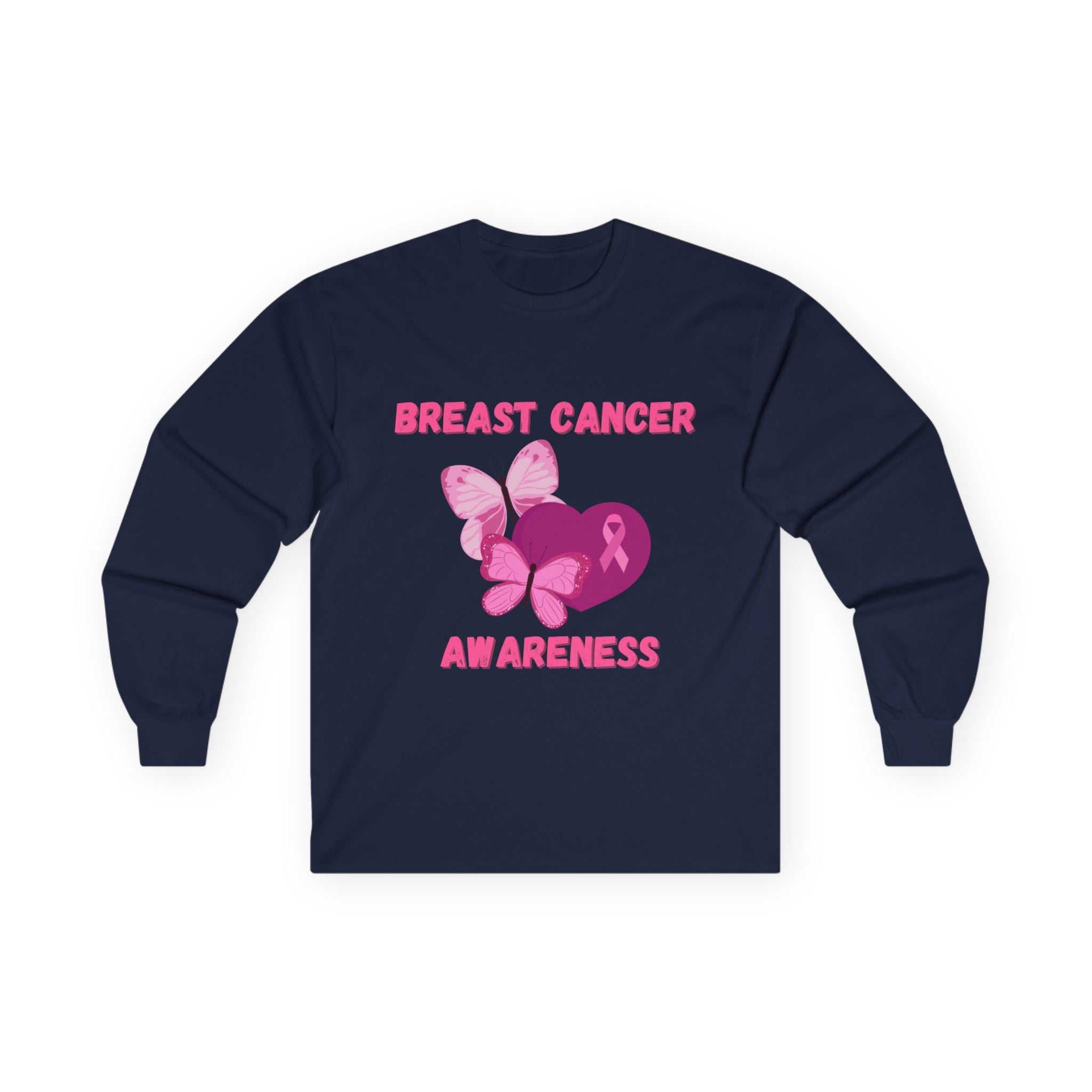 Breast Cancer Awareness Long Sleeve Tee — Pink Ribbon Butterfly Design