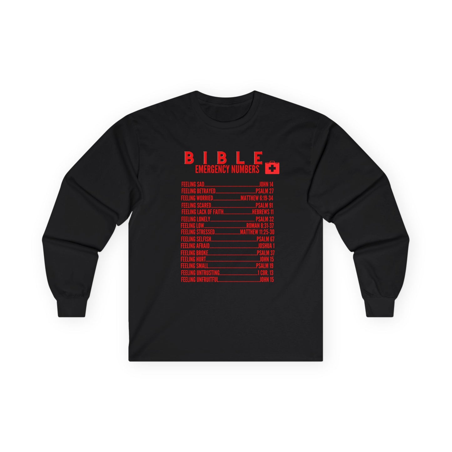 Bible Emergency Numbers Long Sleeve Tee - Red