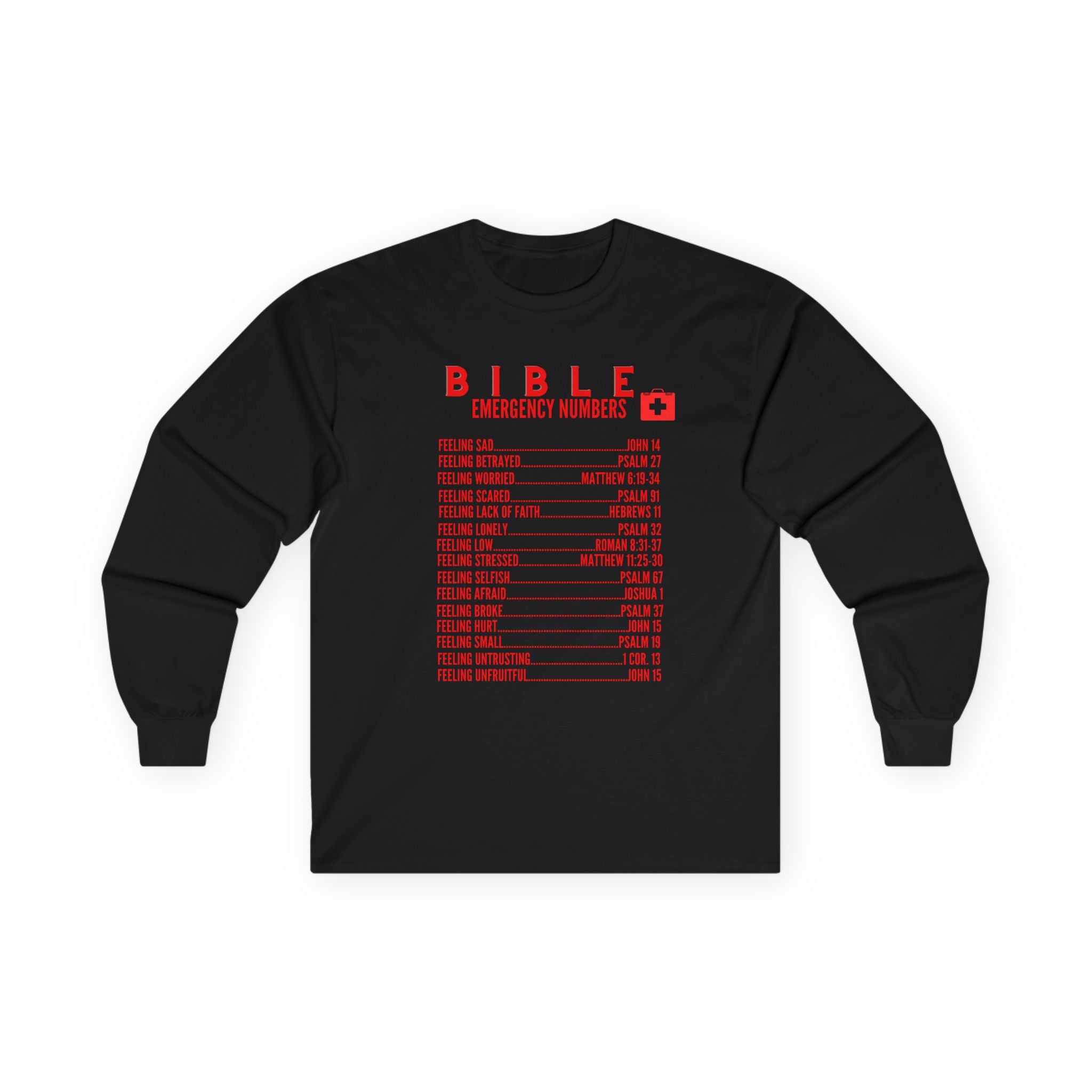 Bible Emergency Numbers Long Sleeve Tee - Red
