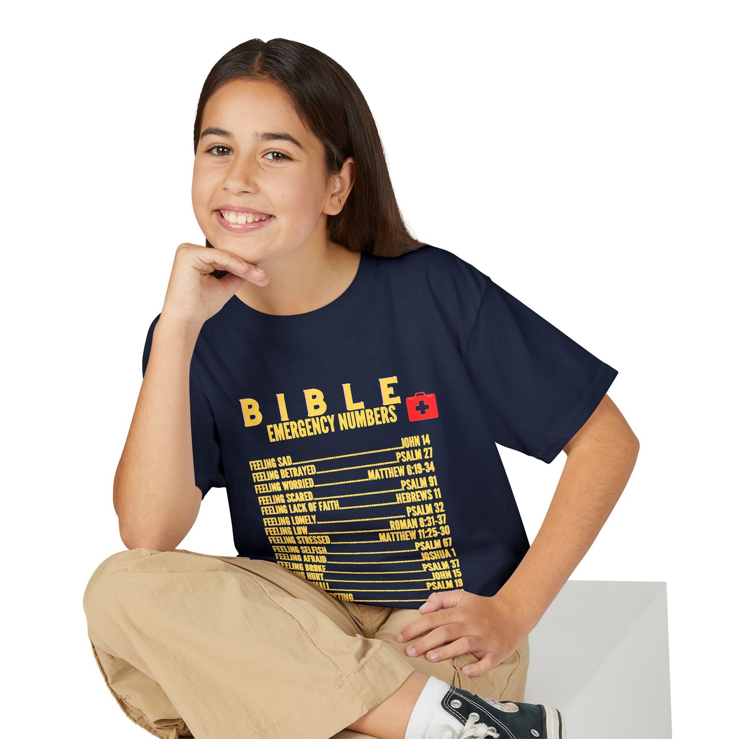 Bible Emergency Numbers Youth T-Shirt — Yellow
