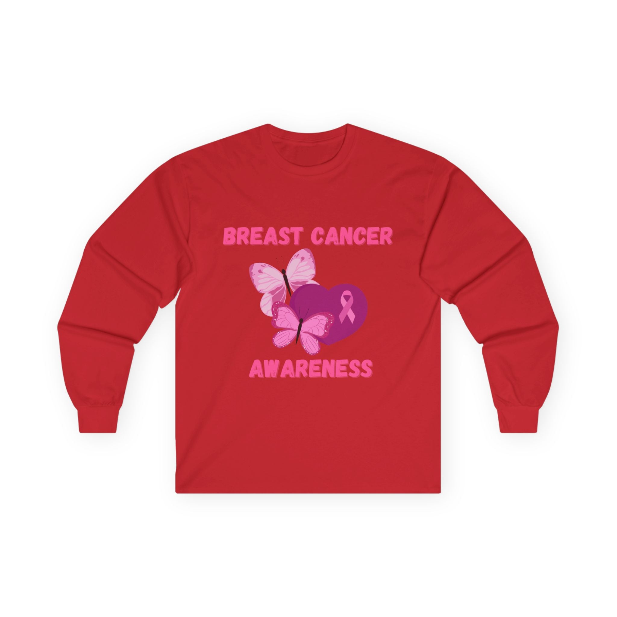 Breast Cancer Awareness Long Sleeve Tee — Pink Ribbon Butterfly Design