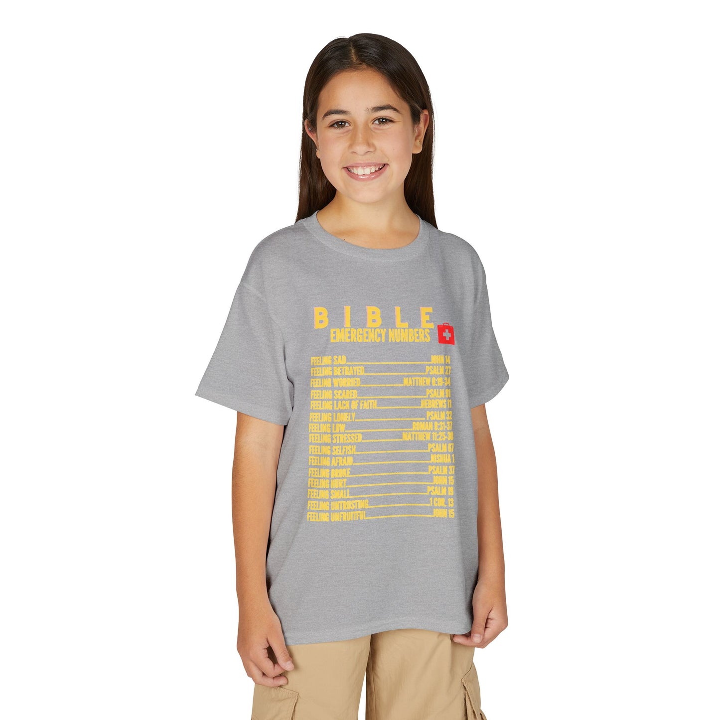 Bible Emergency Numbers Youth T-Shirt — Yellow