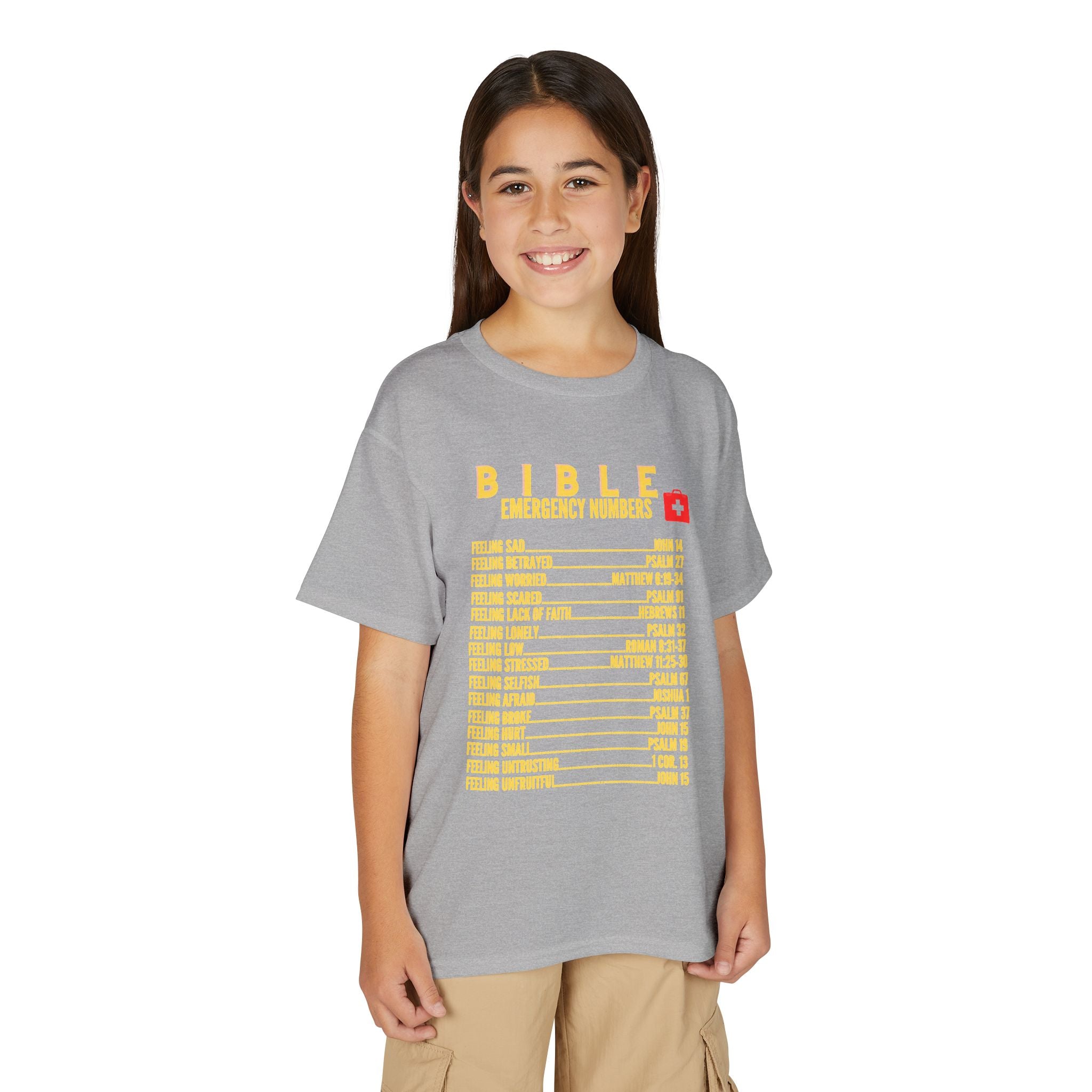 Bible Emergency Numbers Youth T-Shirt — Yellow
