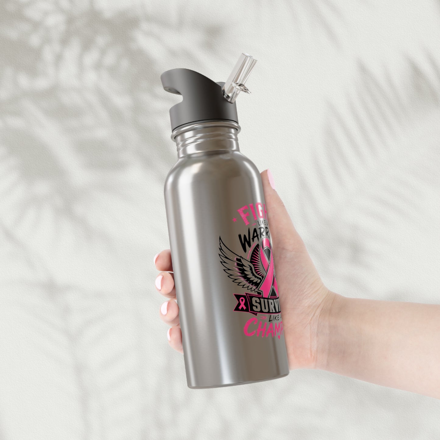 Fight Like a Warrior, Survive Like a Champion Breast Cancer 20oz Stainless Steel Water Bottle With Straw