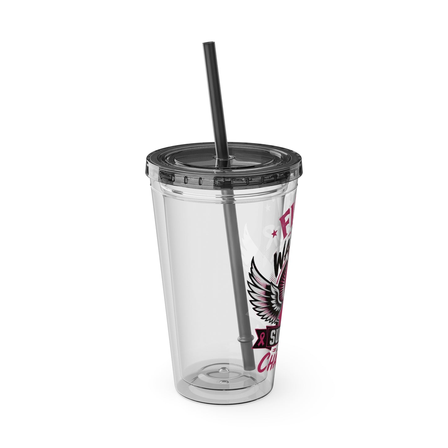 Fight Like a Warrior, Survive Like a Champion Breast Cancer Awareness 16oz Tumbler with Straw