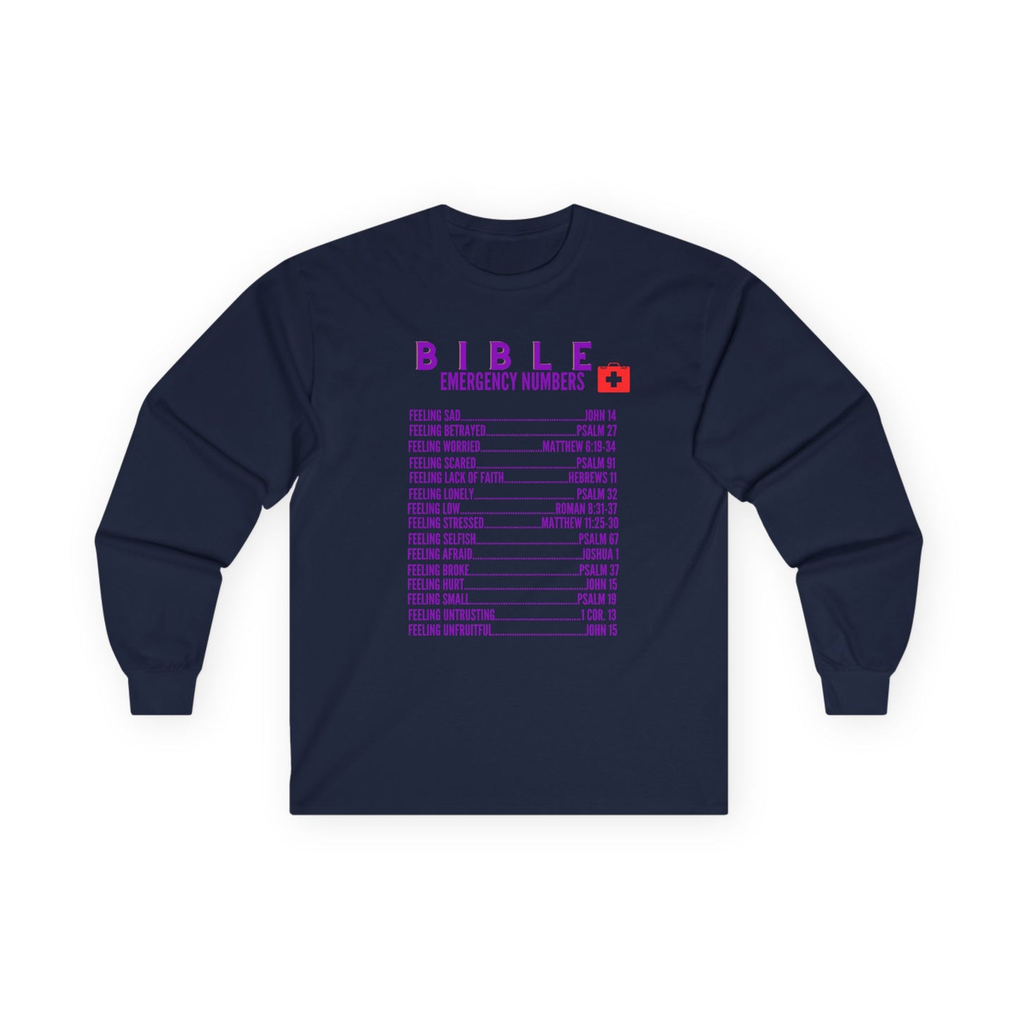 Bible Emergency Numbers Long Sleeve Tee - Purple