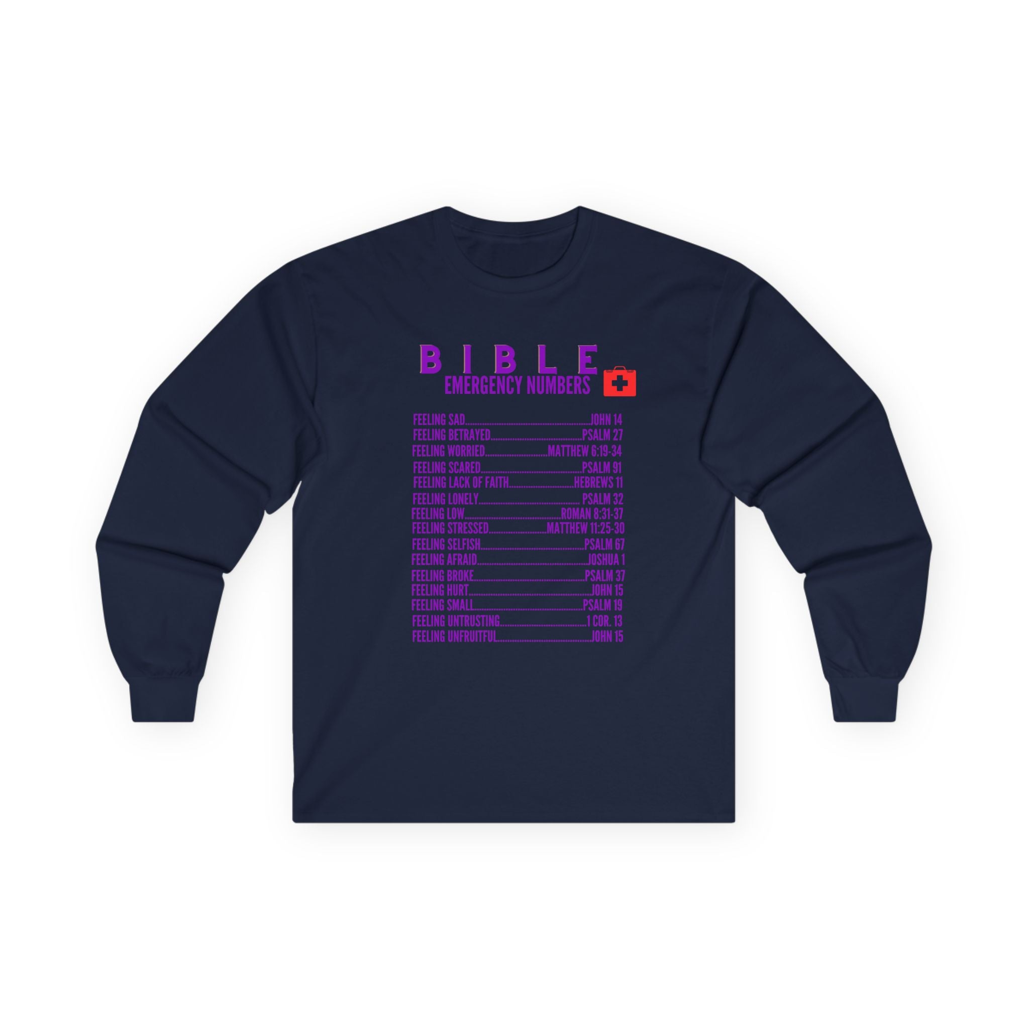 Bible Emergency Numbers Long Sleeve Tee - Purple