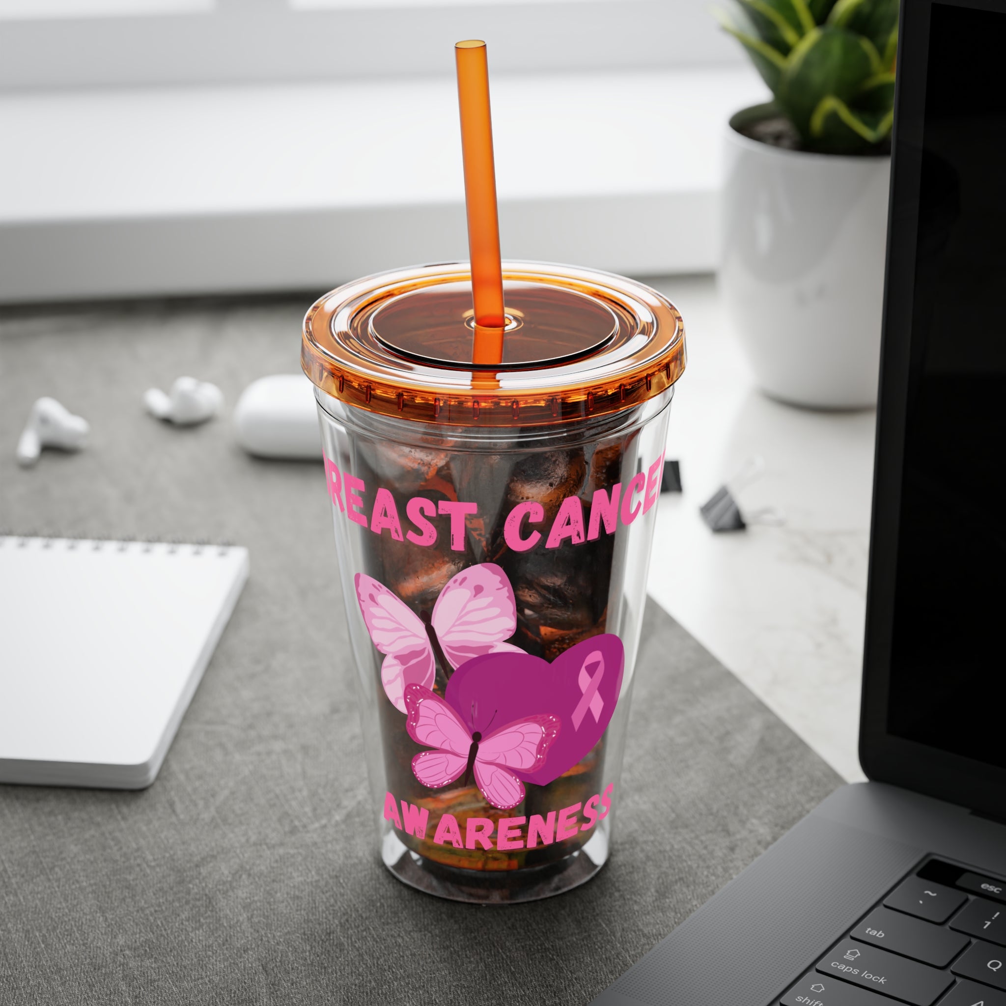 Breast Cancer Awareness 16oz Tumbler with Straw - Butterfly, Heart