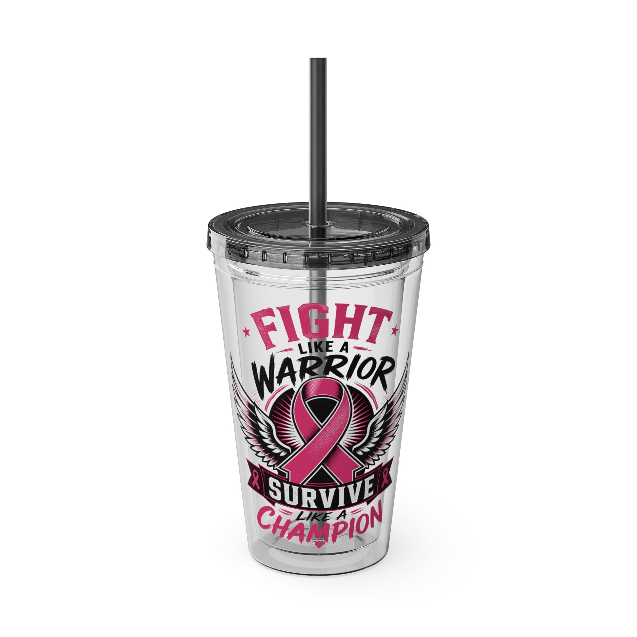 Fight Like a Warrior, Survive Like a Champion Breast Cancer Awareness 16oz Tumbler with Straw