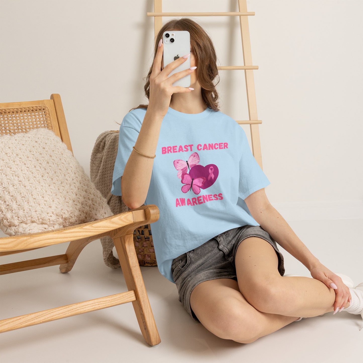 Breast Cancer Awareness Tee with Pink Butterfly & Ribbon