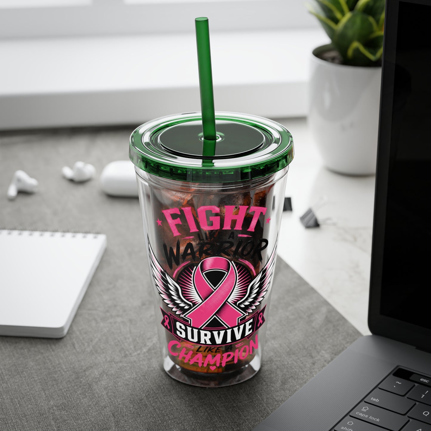 Fight Like a Warrior, Survive Like a Champion Breast Cancer Awareness 16oz Tumbler with Straw