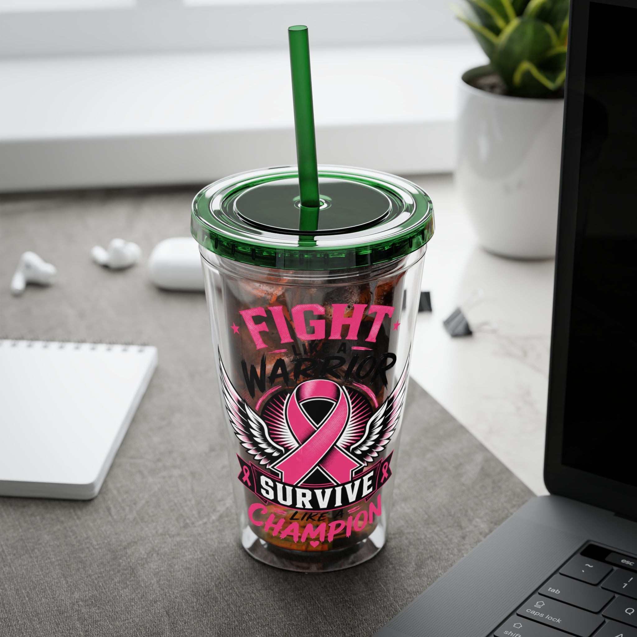 Fight Like a Warrior, Survive Like a Champion Breast Cancer Awareness 16oz Tumbler with Straw